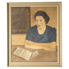 Vintage Portrait of a Woman with a Book, Oil on Canvas, 1930's