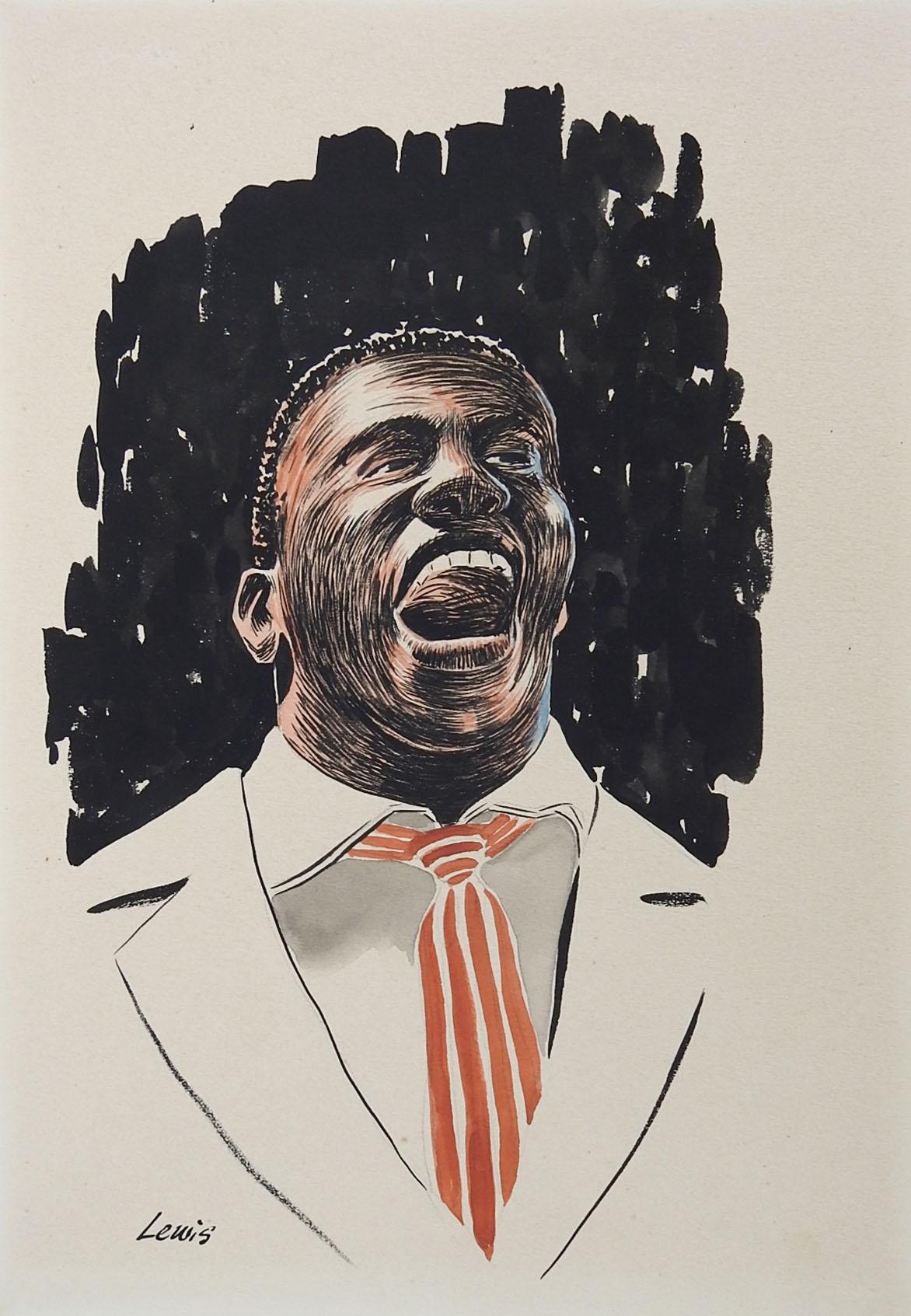 Vintage Portrait of African American Man Singing Watercolor Painting In Good Condition In Seguin, TX