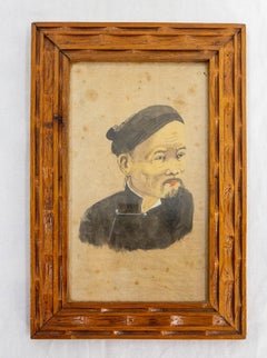 Vintage Portrait of Asian Vietnamese Man Silk Painting Wood Frame