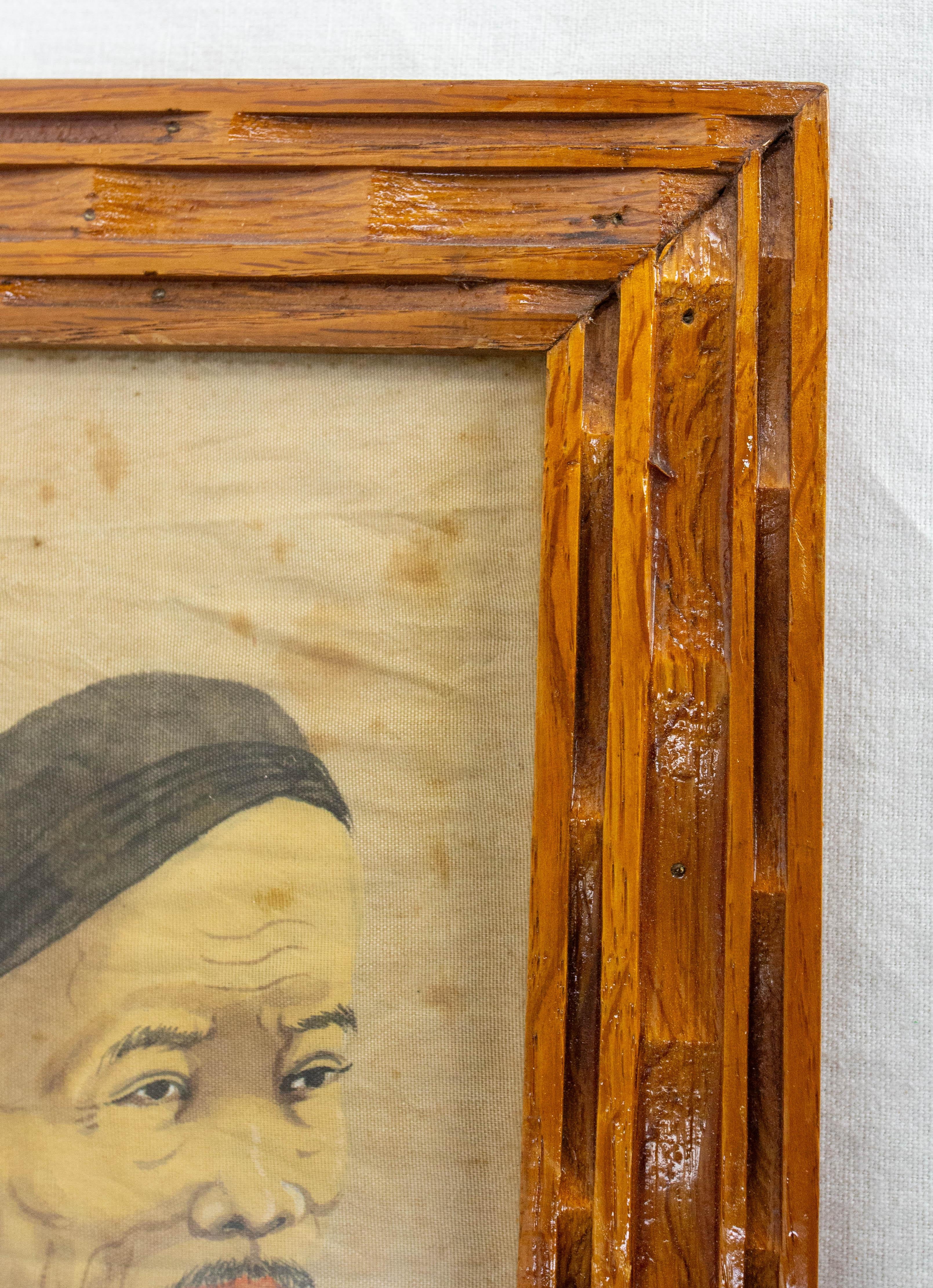 Retrato vintage de hombre asiático vietnamita Pintura sobre seda Marco de madera Moderno de mediados de siglo en venta