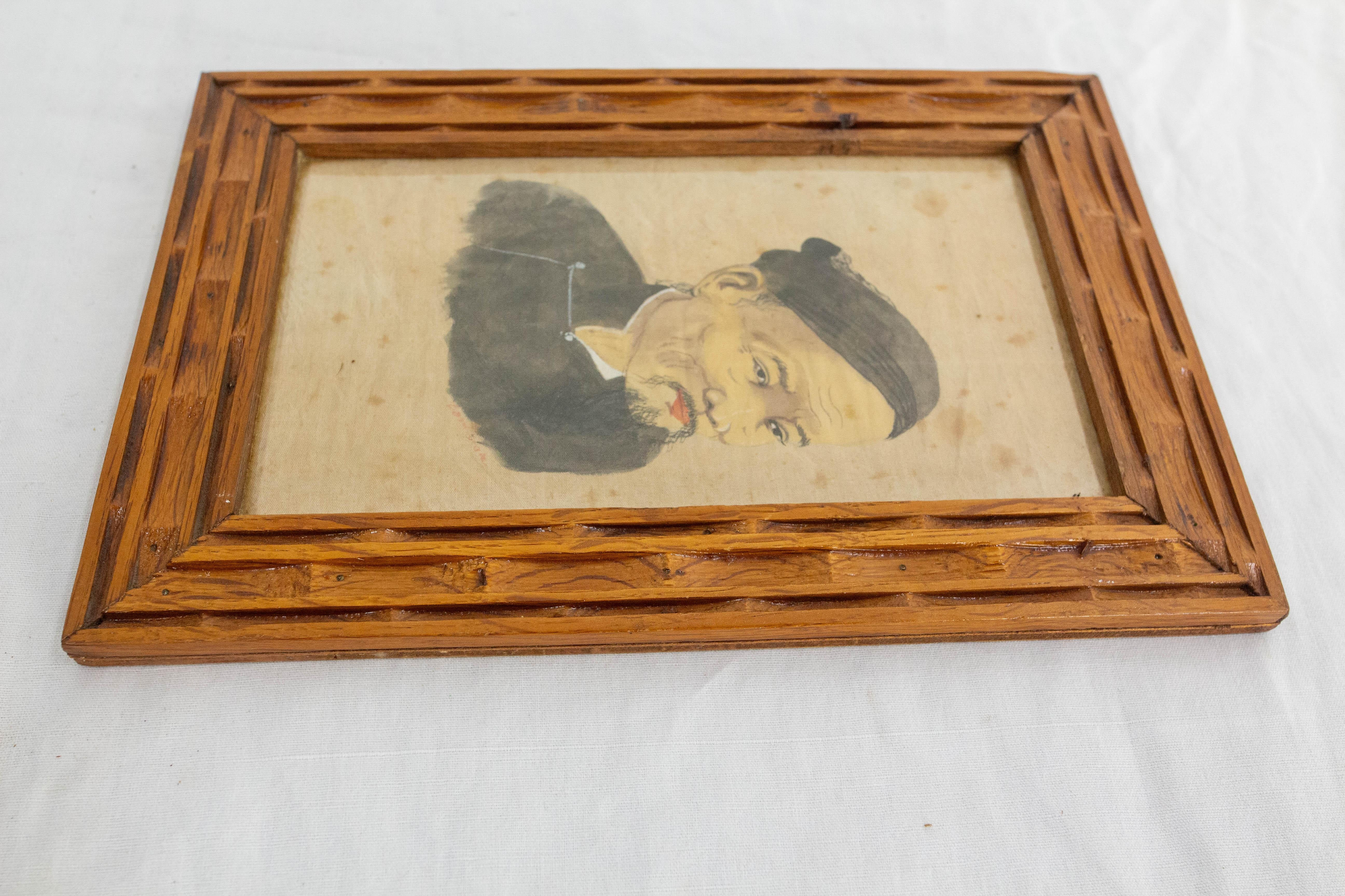 Retrato vintage de hombre asiático vietnamita Pintura sobre seda Marco de madera Pintado a mano en venta