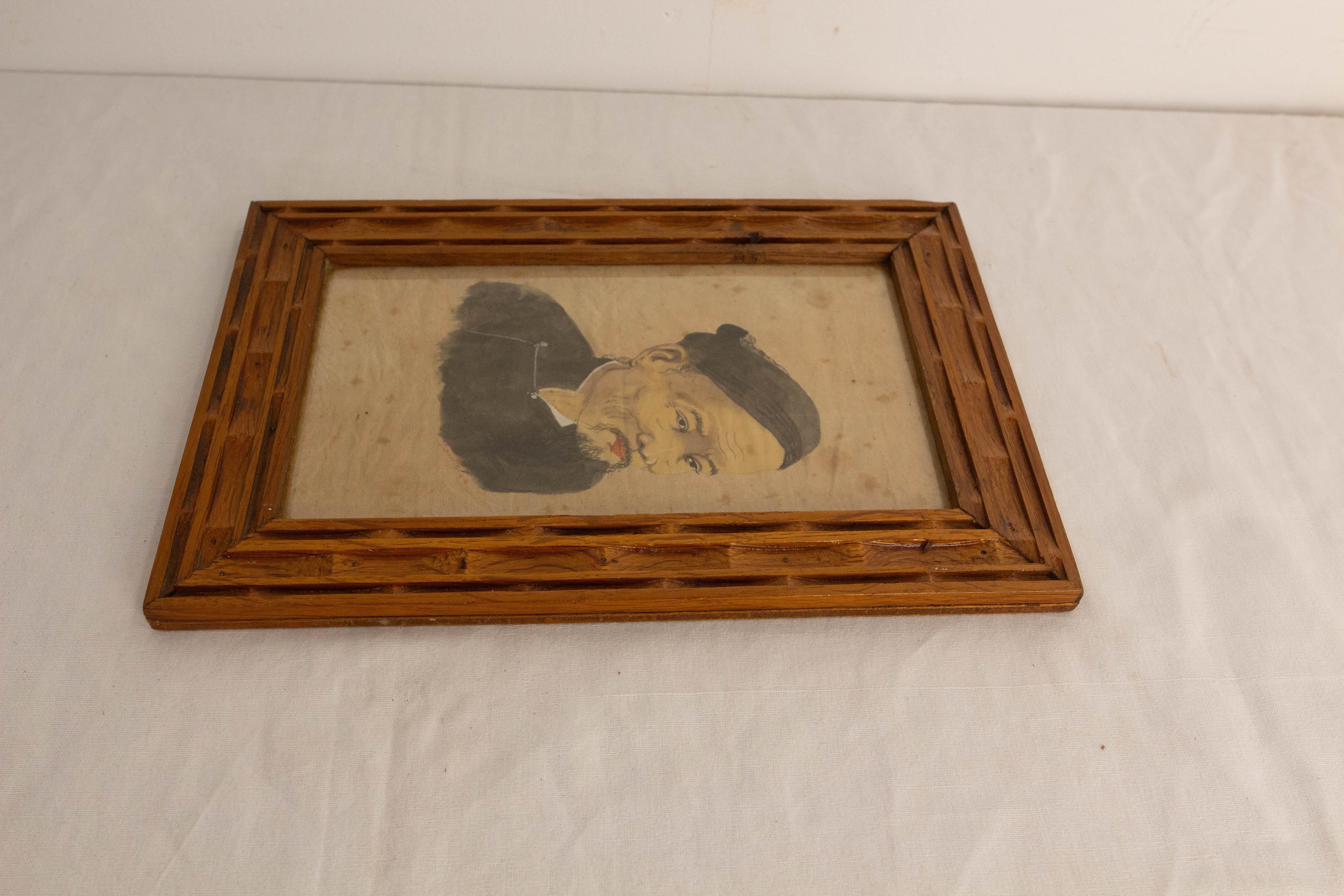 Retrato vintage de hombre asiático vietnamita Pintura sobre seda Marco de madera Madera en venta
