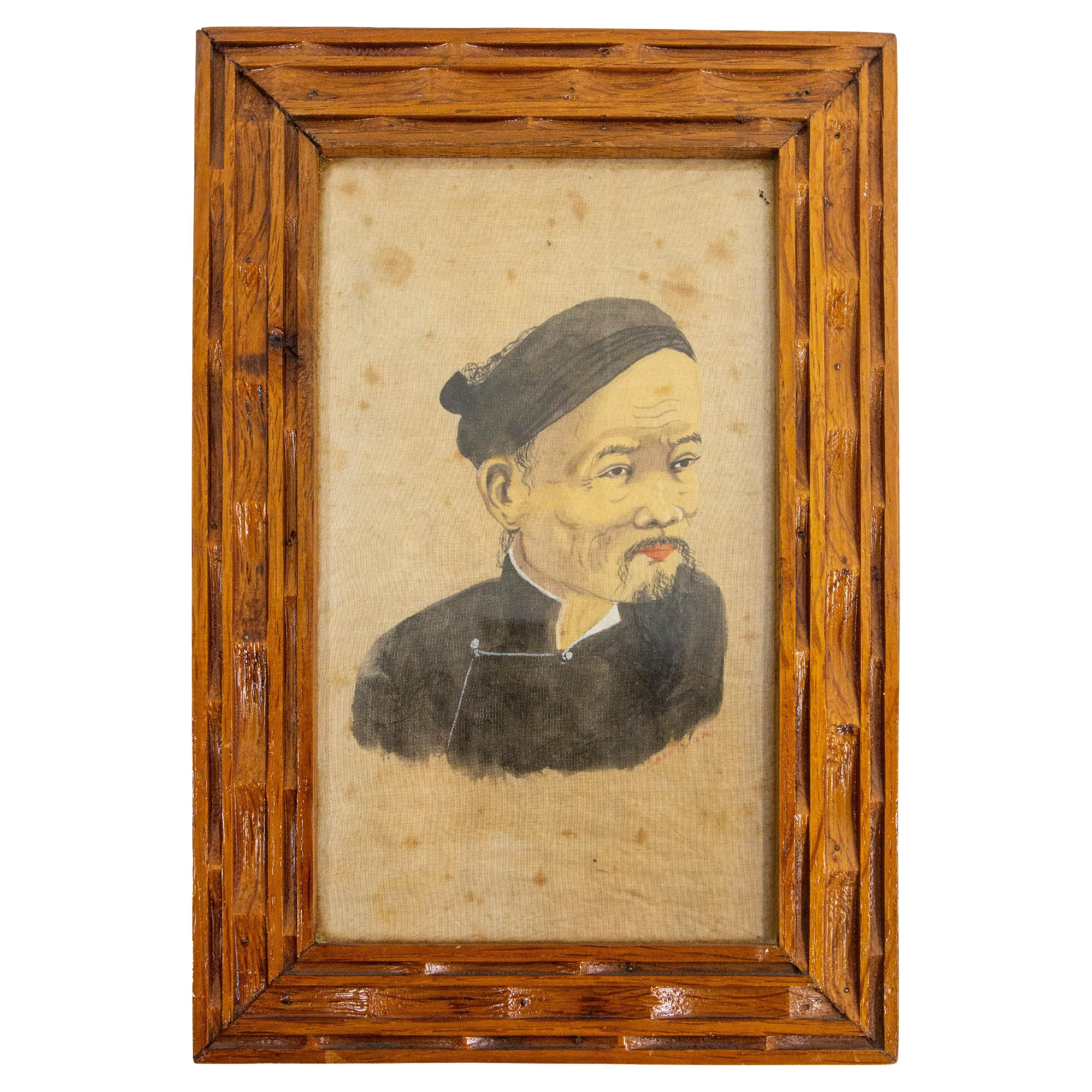 Retrato vintage de hombre asiático vietnamita Pintura sobre seda Marco de madera en venta