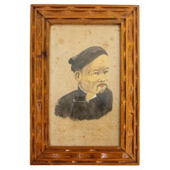 Vintage Portrait of Asian Vietnamese Man Silk Painting Wood Frame