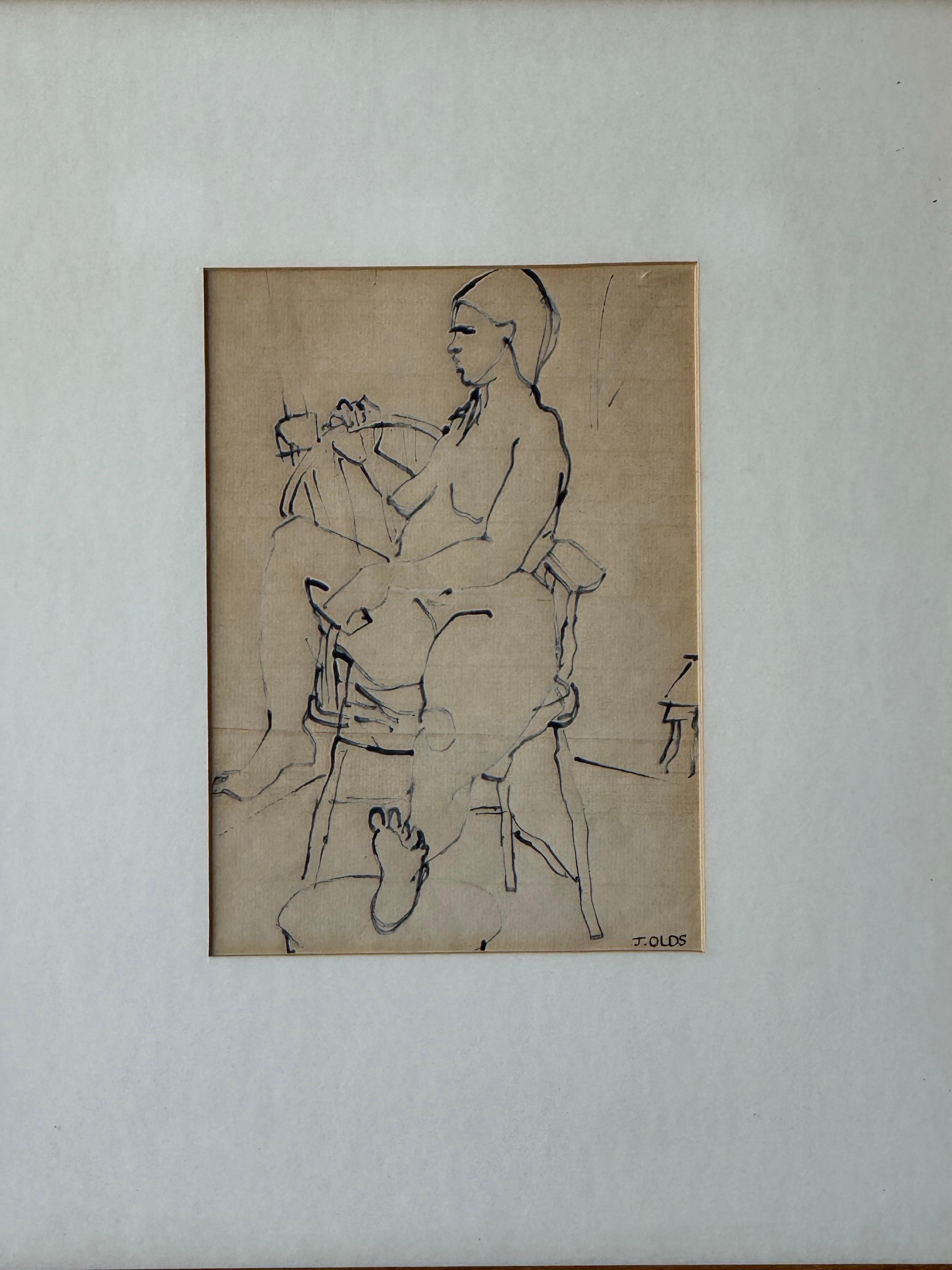 Œuvre originale de l'artiste Jean Olds. Portrait d'une femme assise. Encre sur papier de riz, les matériaux utilisés donnent à cette pièce une richesse et une texture qui équilibrent le sujet minimal. Encadré dans le cadre en bois mince d'origine.