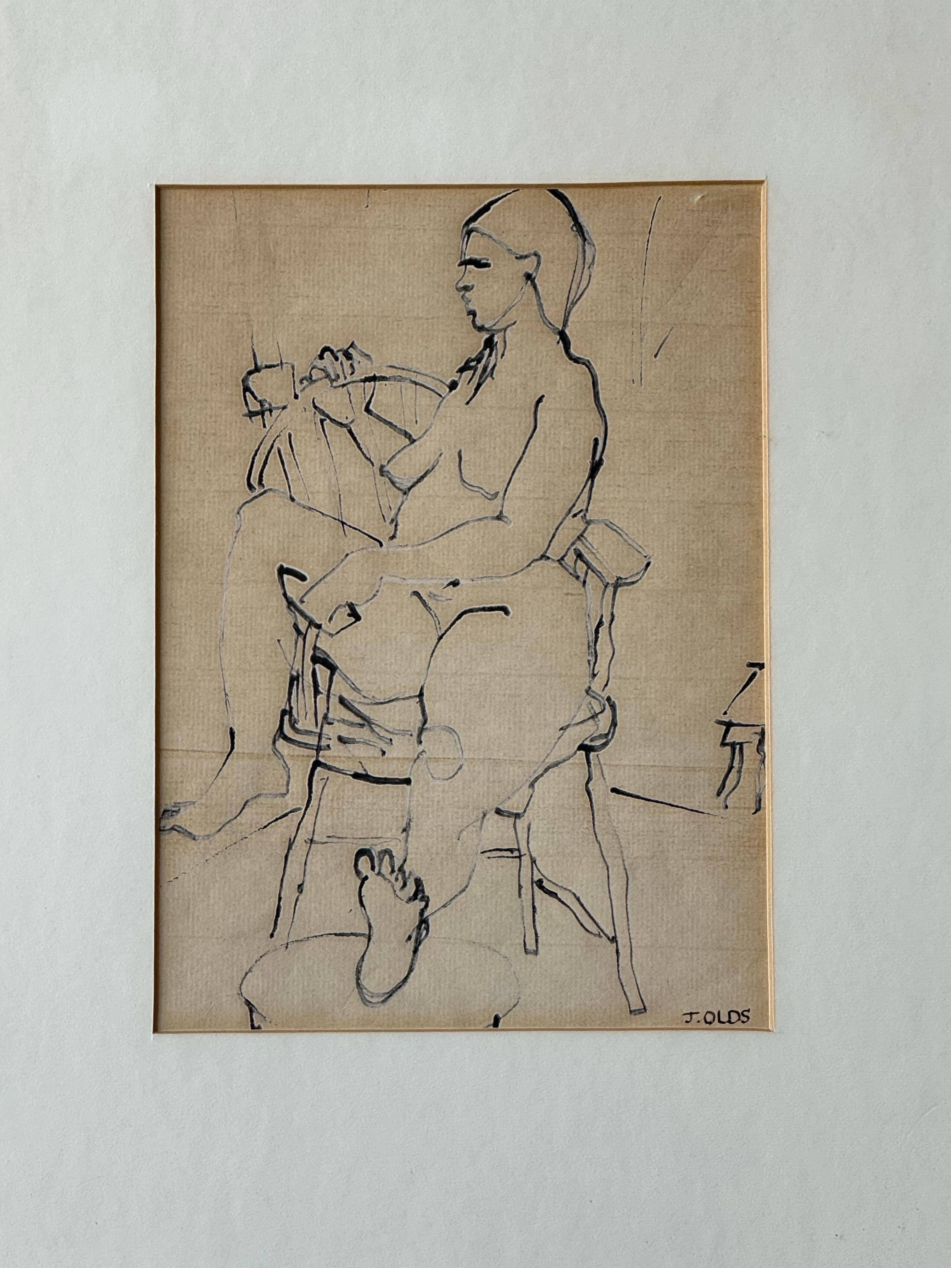 Mid-Century Modern Portrait de femme à l'encre de Jean Olds en vente
