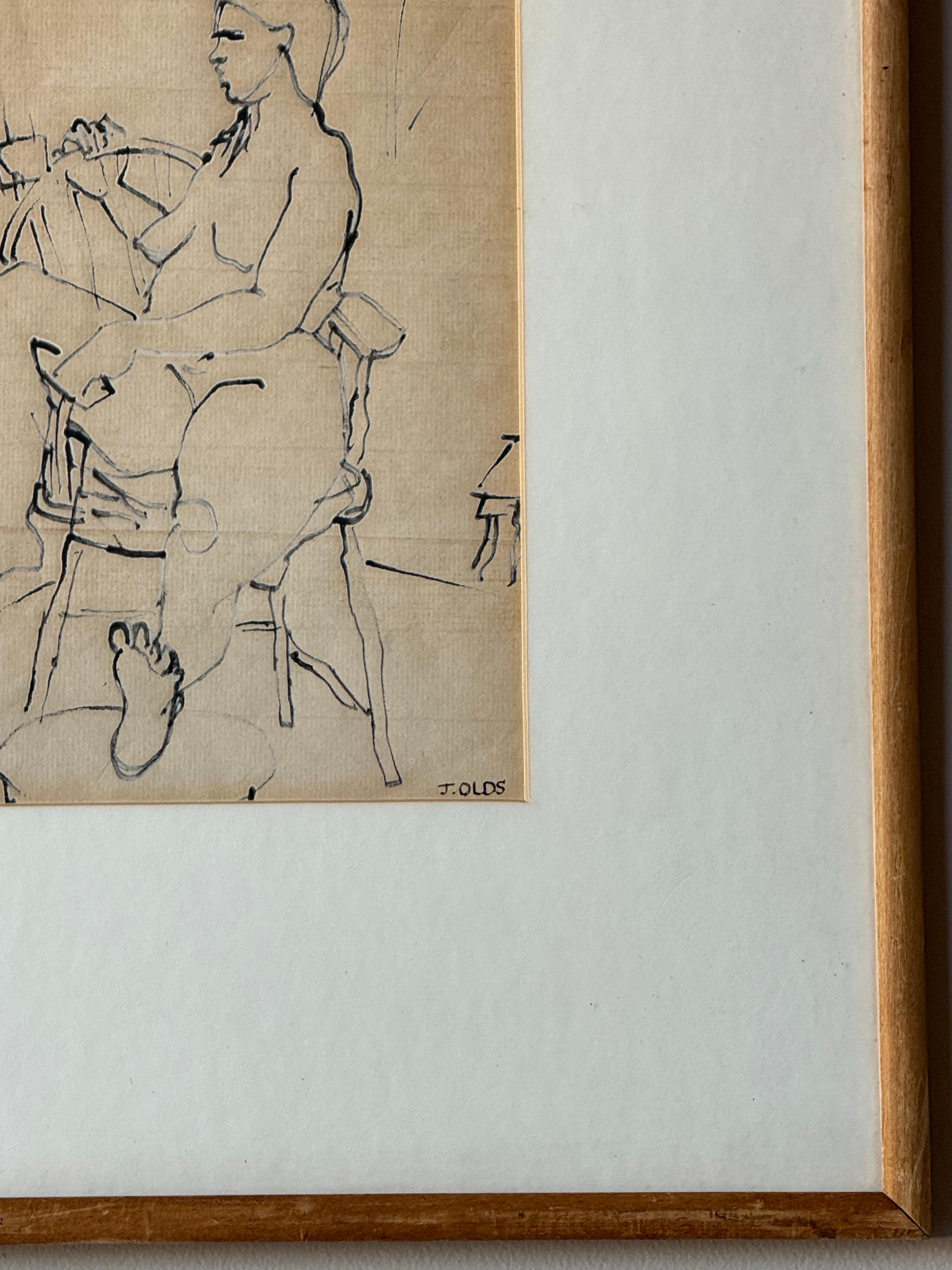 Portrait de femme à l'encre de Jean Olds Bon état - En vente à Raleigh, NC