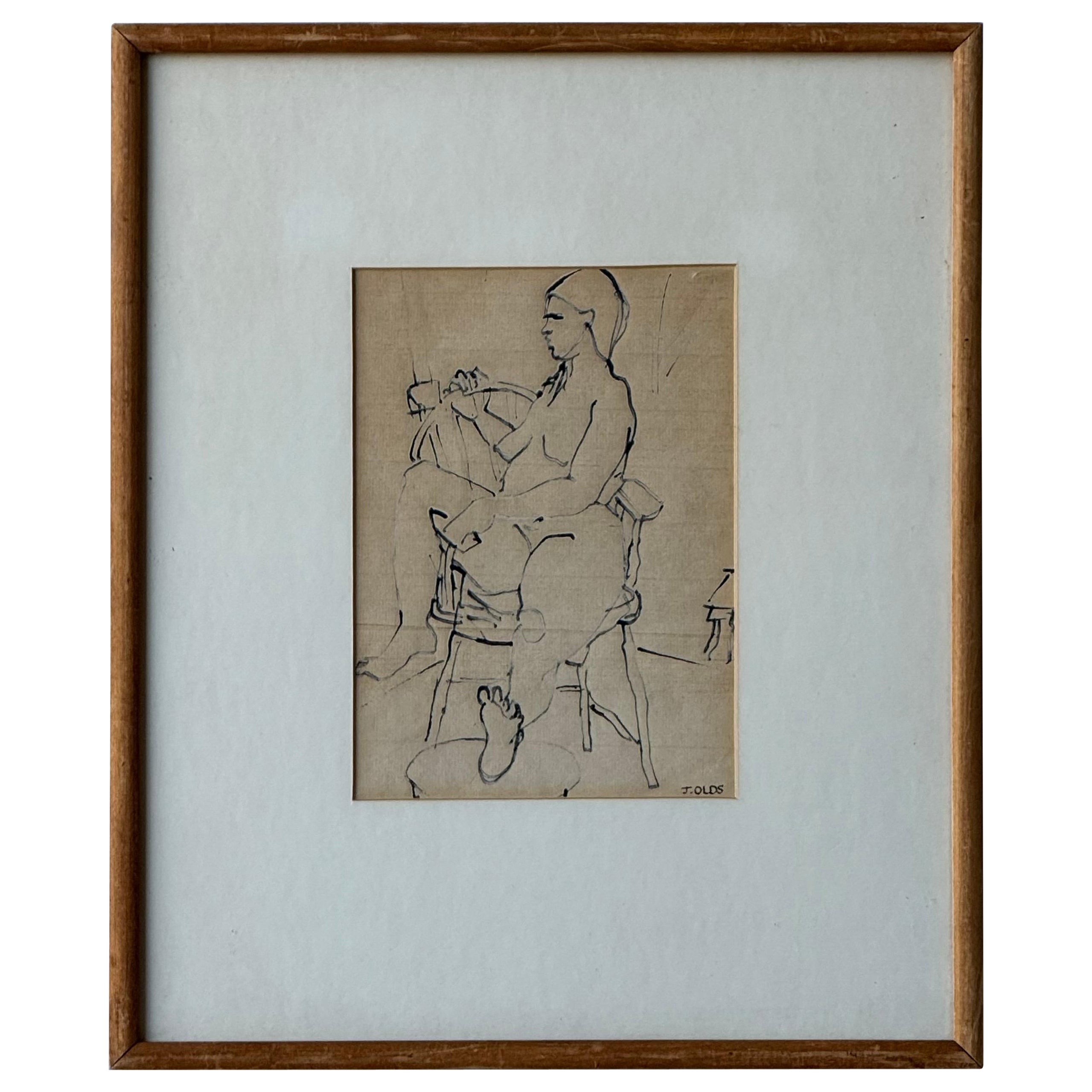 Vintage Portrait of Woman in Ink by Jean Olds