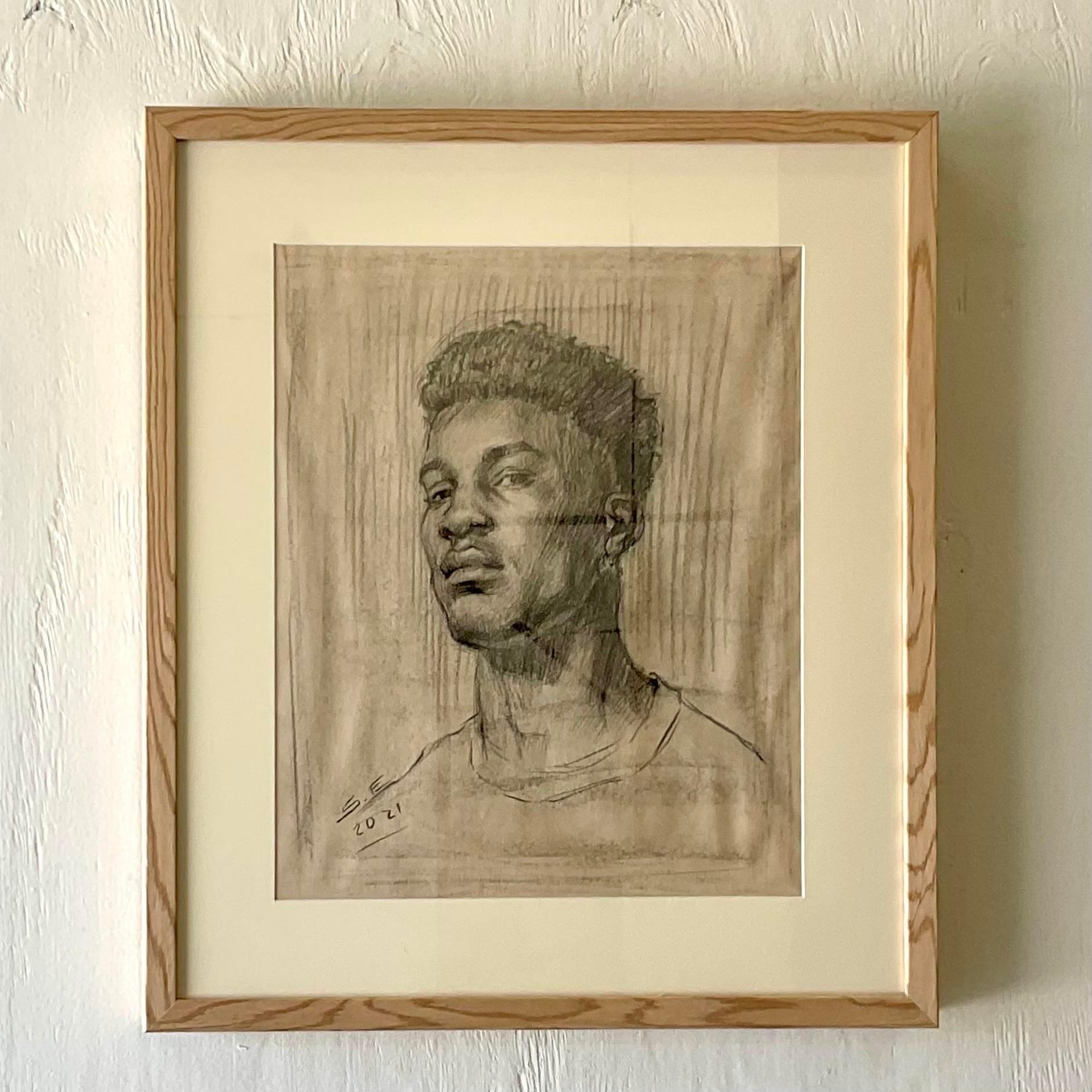 Portrait Vintage Dessin original au crayon d'un jeune homme en vente 4