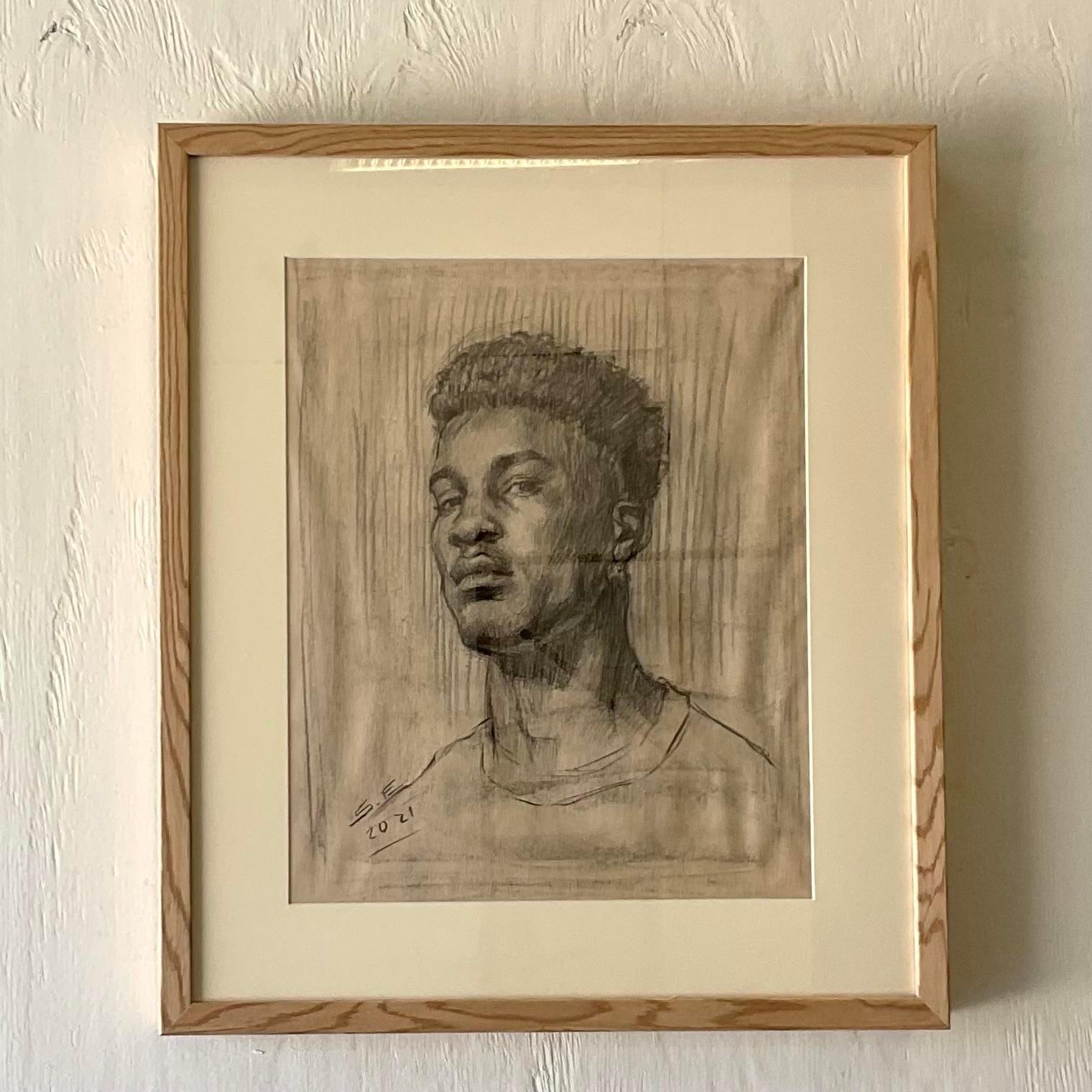 Vintage Portrait Original Pencil Drawing of a Young Man In Good Condition For Sale In west palm beach, FL