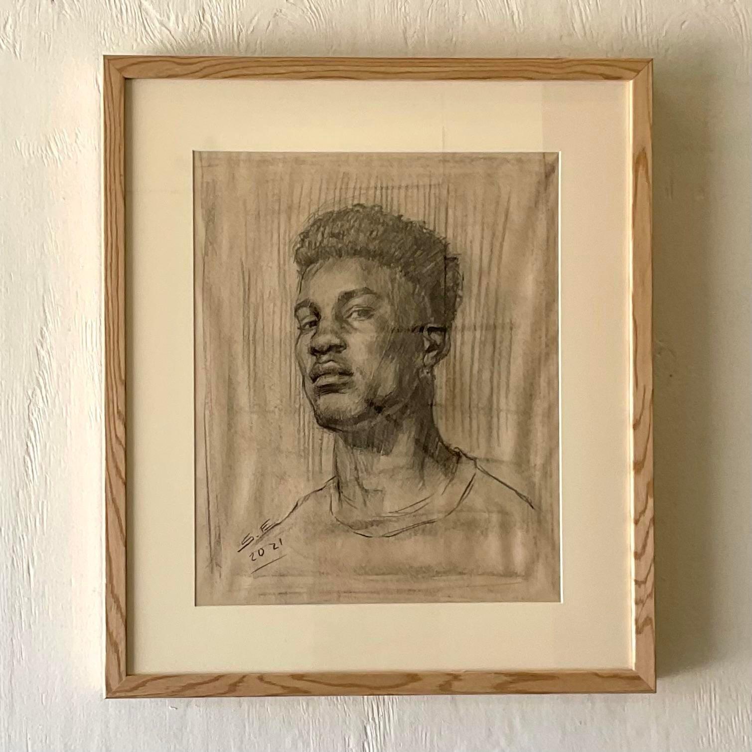 Contemporary Vintage Portrait Original Pencil Drawing of a Young Man For Sale