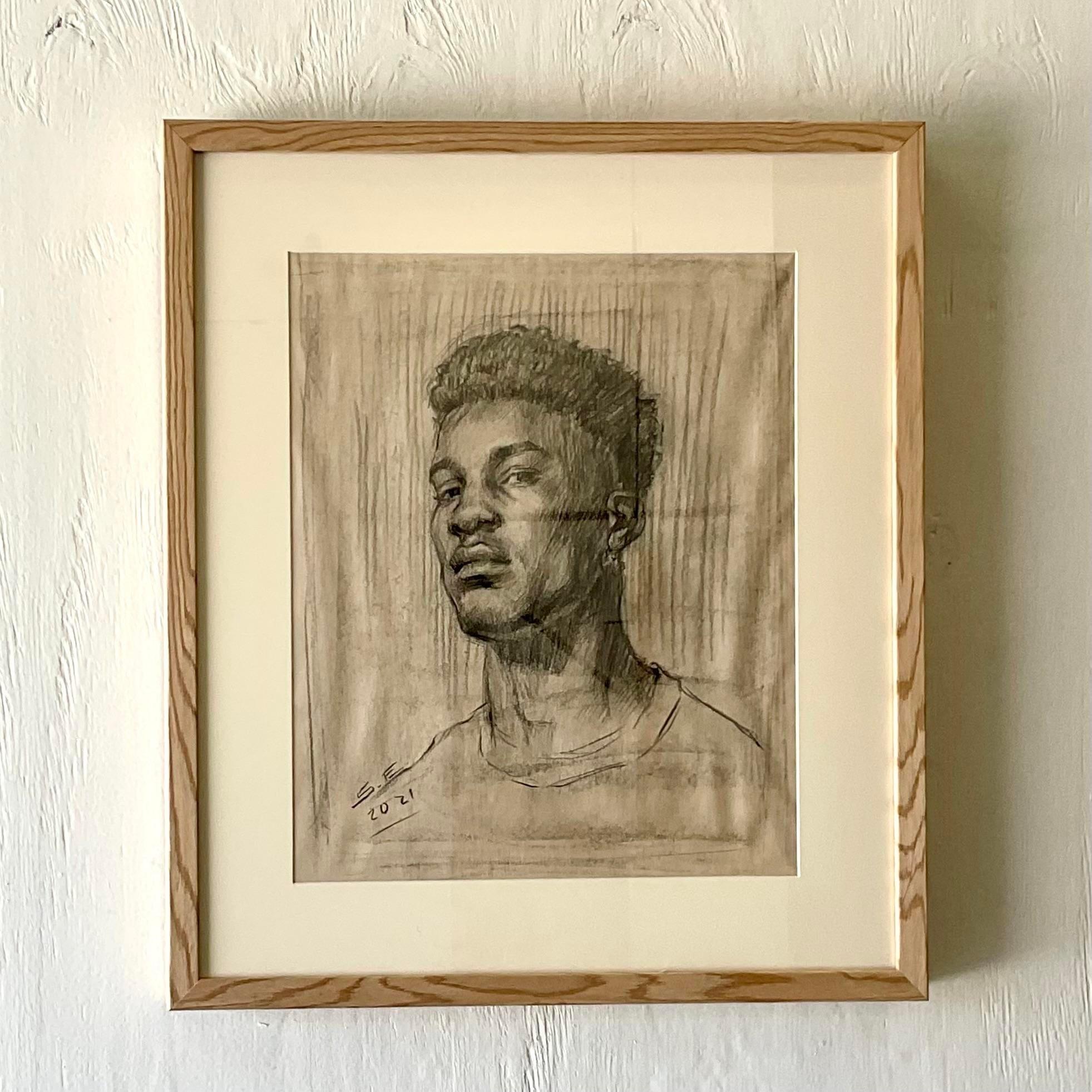 Portrait Vintage Dessin original au crayon d'un jeune homme en vente 2