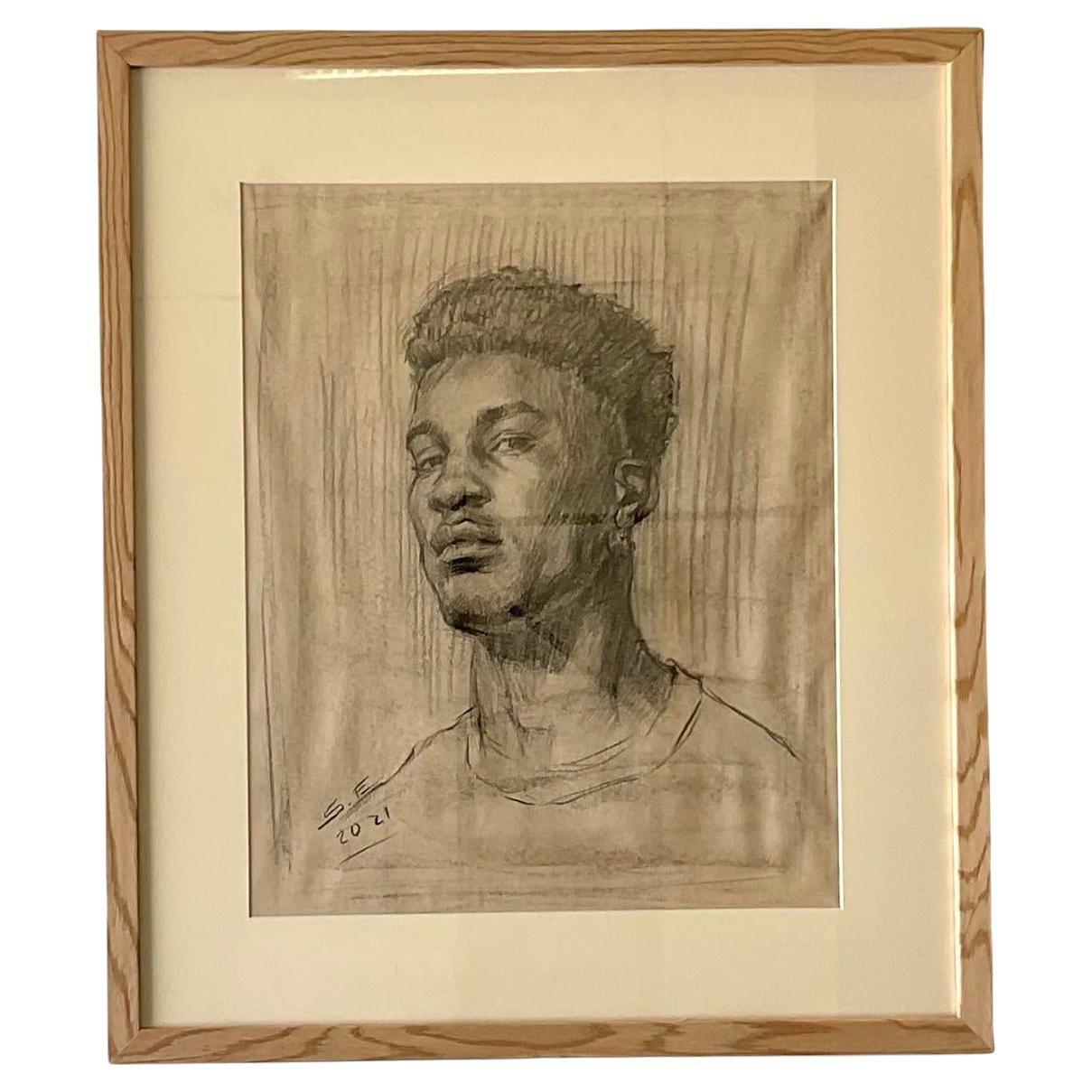 Portrait Vintage Dessin original au crayon d'un jeune homme