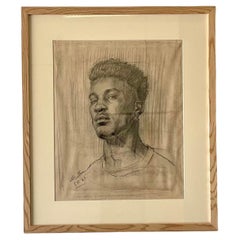 Portrait Vintage Dessin original au crayon d'un jeune homme