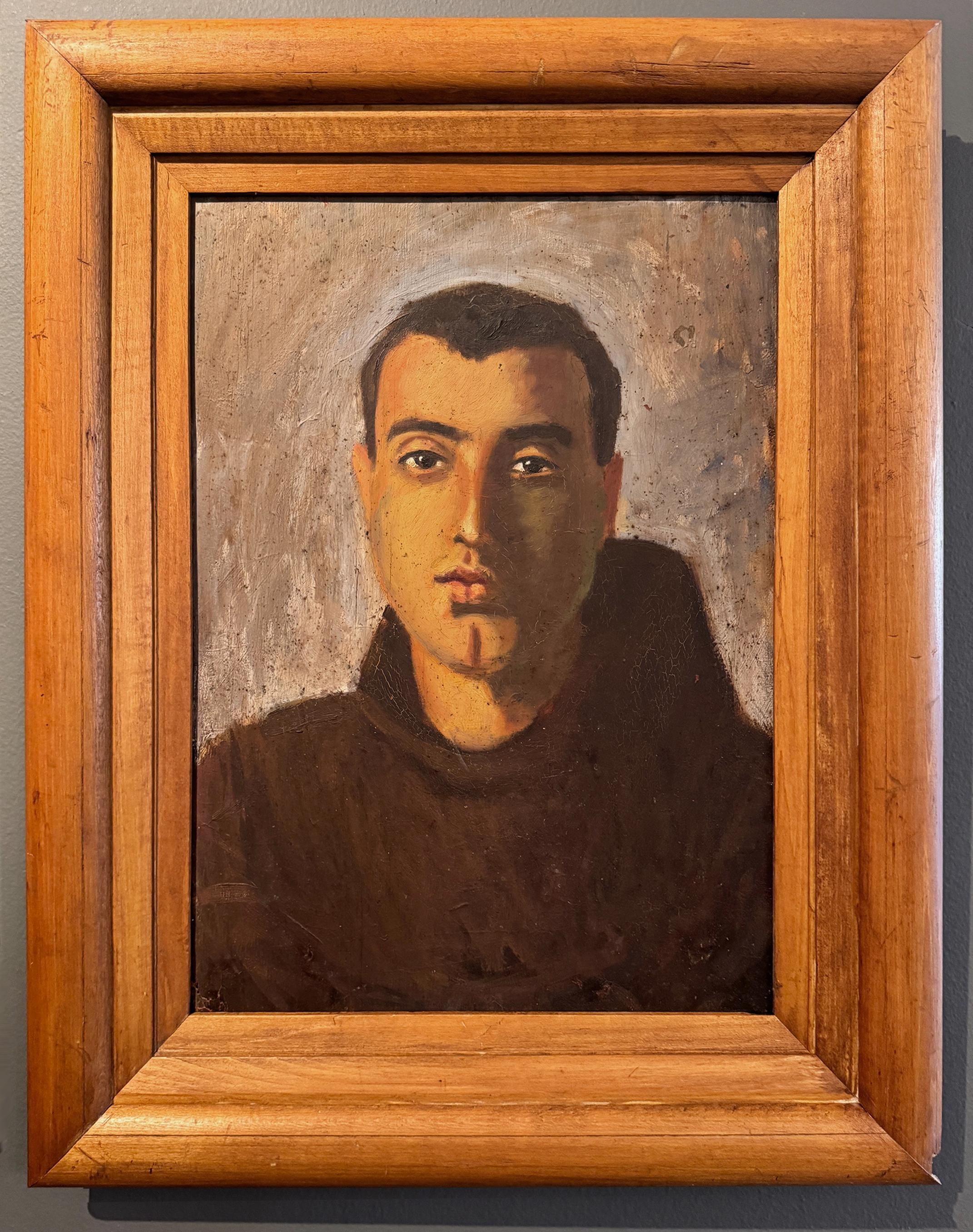 Hand-Painted Vintage Portrait Painting of an Italian Franciscan Friar Priest, Procida, Italy