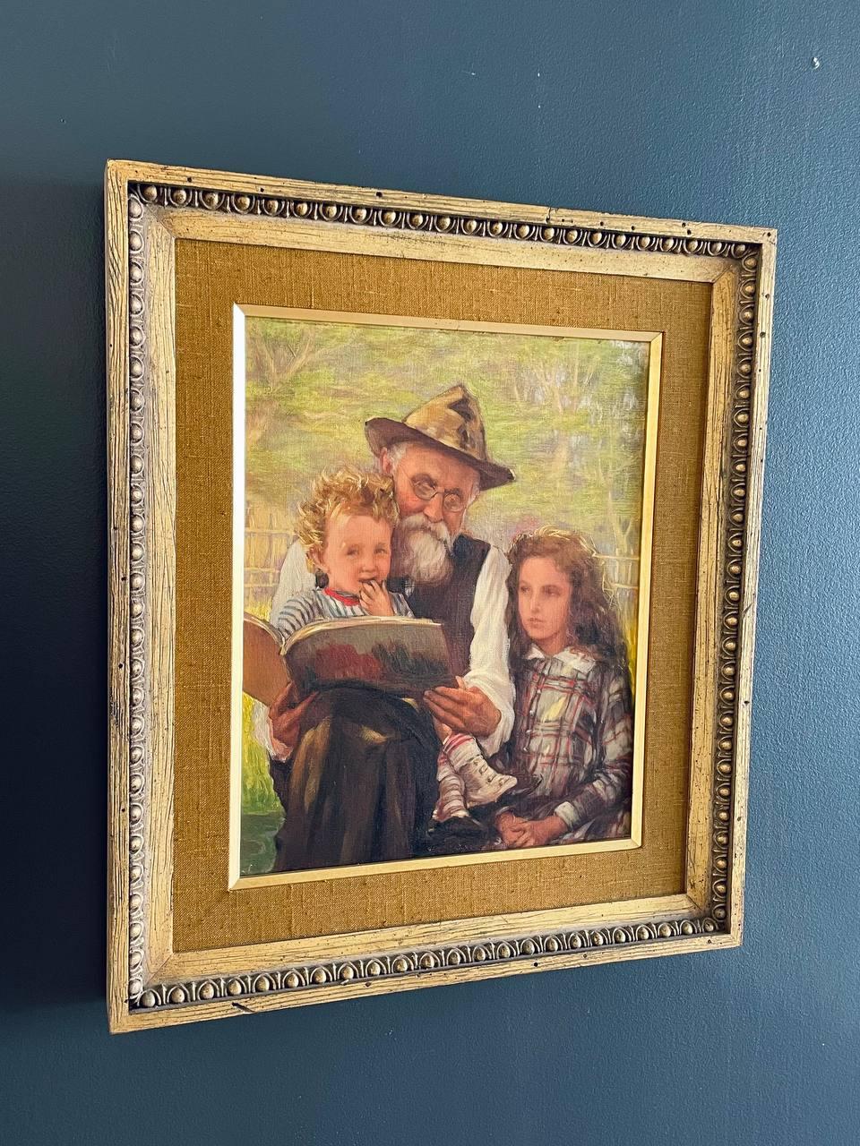 Vintage-Porträtgemälde einer Familie beim Lesen (Sonstiges) im Angebot