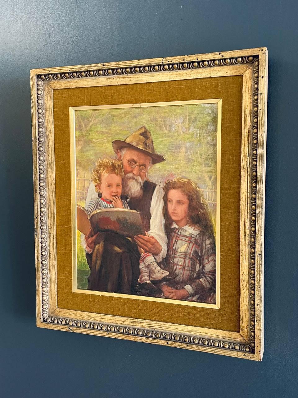 Vintage-Porträtgemälde einer Familie beim Lesen (amerikanisch) im Angebot