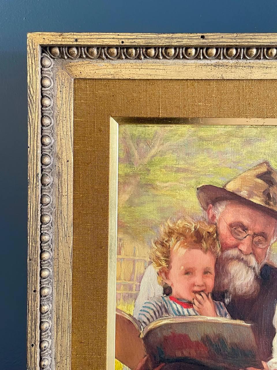 Vintage-Porträtgemälde einer Familie beim Lesen im Zustand „Gut“ im Angebot in Los Angeles, CA