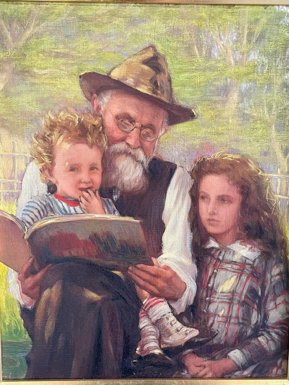 Vintage-Porträtgemälde einer Familie beim Lesen im Angebot 1