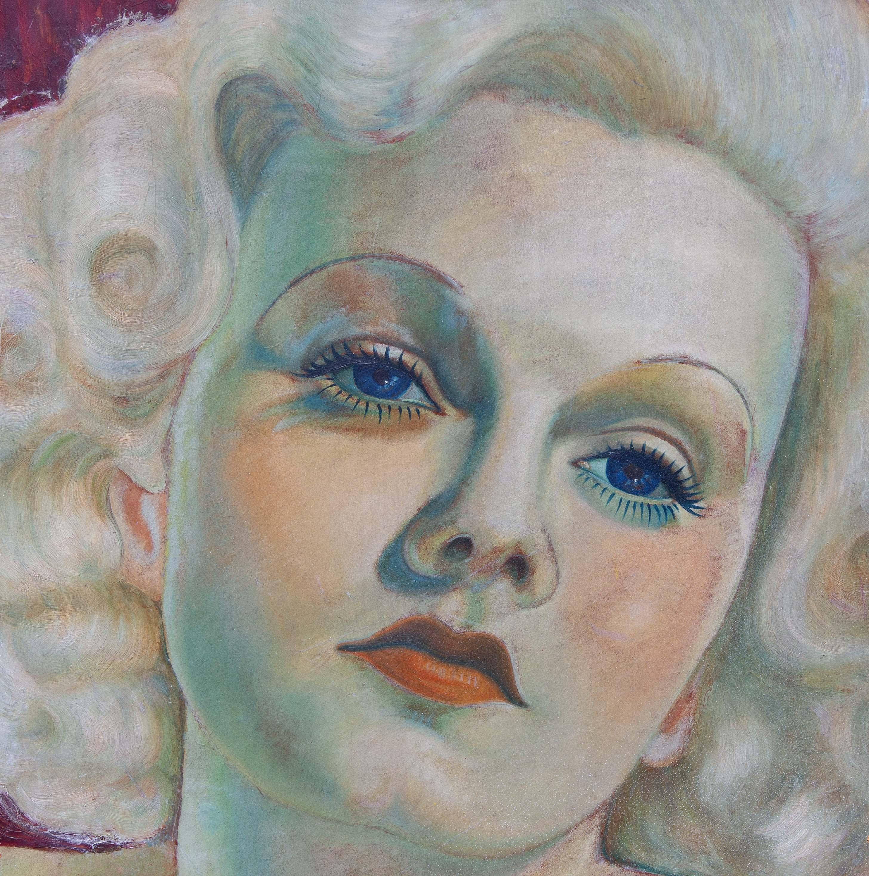 Vintage portrait of Jean Harlow. Oil on board. Dated 1938. The best of Hollywood Regency . Faint illegible signature lower right. Harlow died in in 1937. This was painted the following year. Likely to honor the the young starlet.
Jean Harlow was an