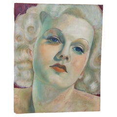 Vintage Portrait Painting of Jean Harlow Dated 1938 Hollywood Regency