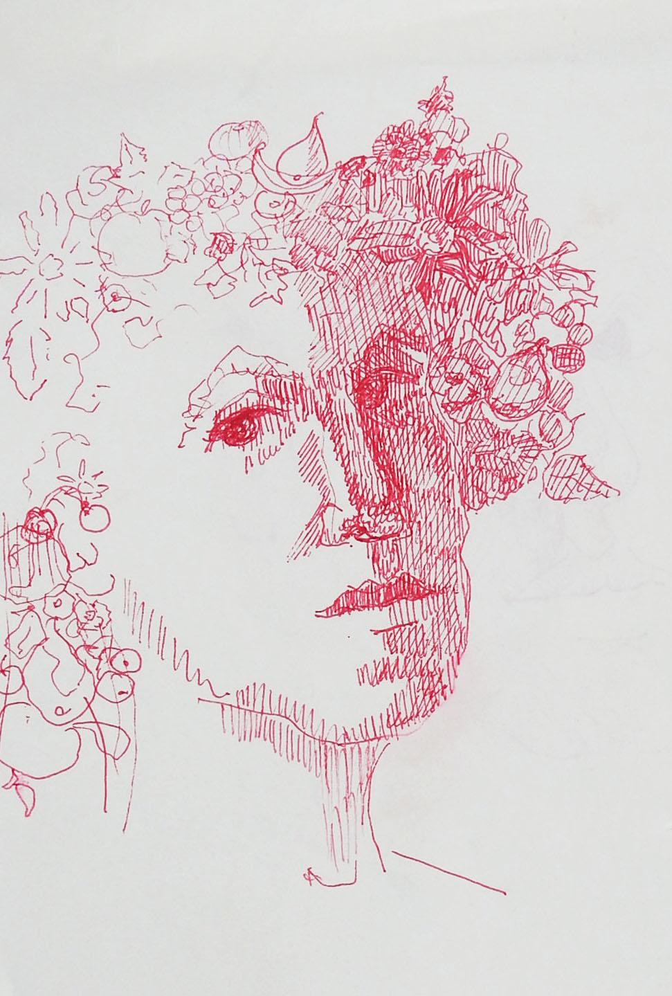 Vintage red pen & ink drawing on paper. Portrait sitter wearing a floral and fruit garland crown. Verso has nice facial study. Unsigned. Unframed, taken from sketchbook, shallow crease to top edge.