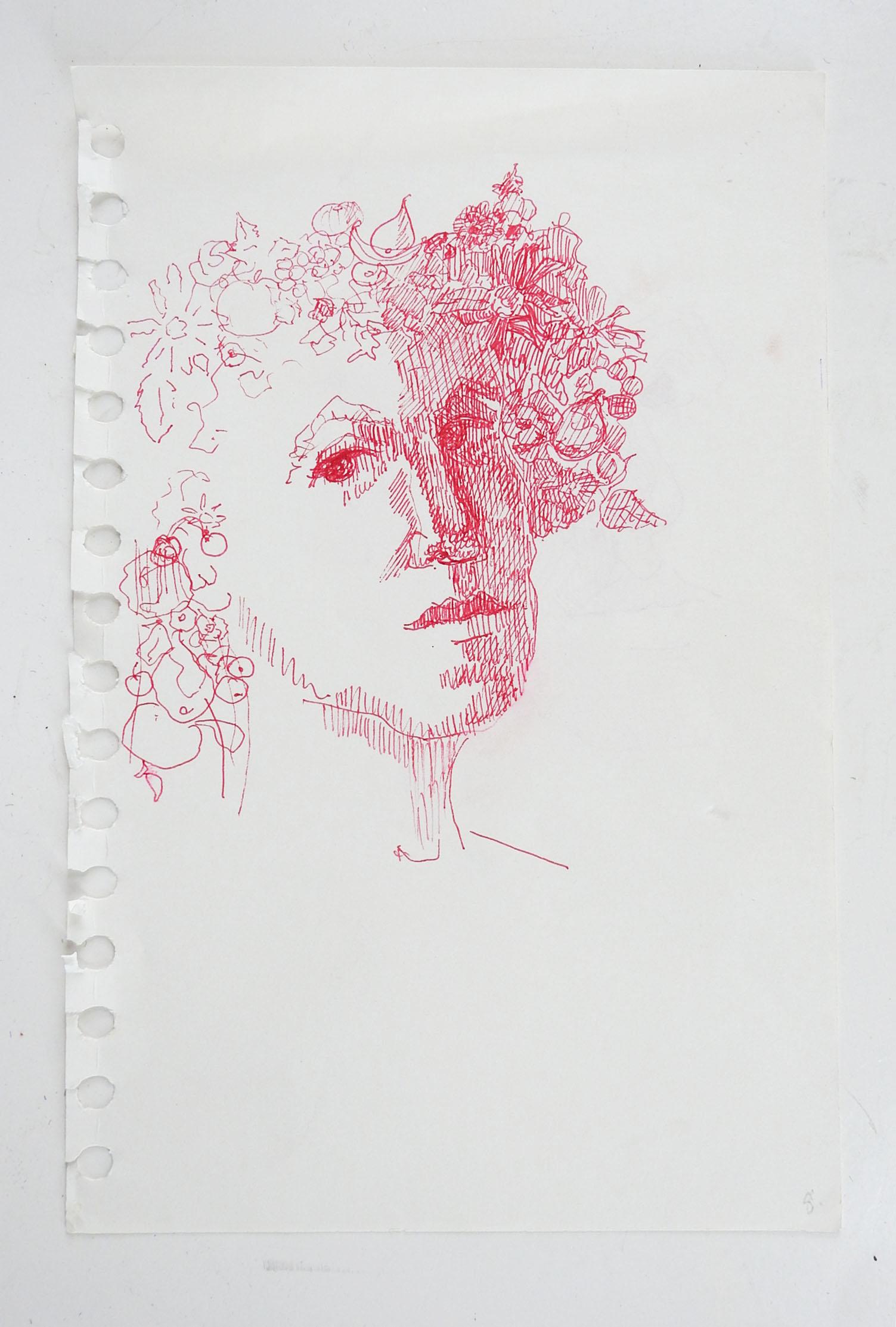 20th Century Vintage Portrait Wearing Flower & Fruit Garland Red Pen & Ink Drawing