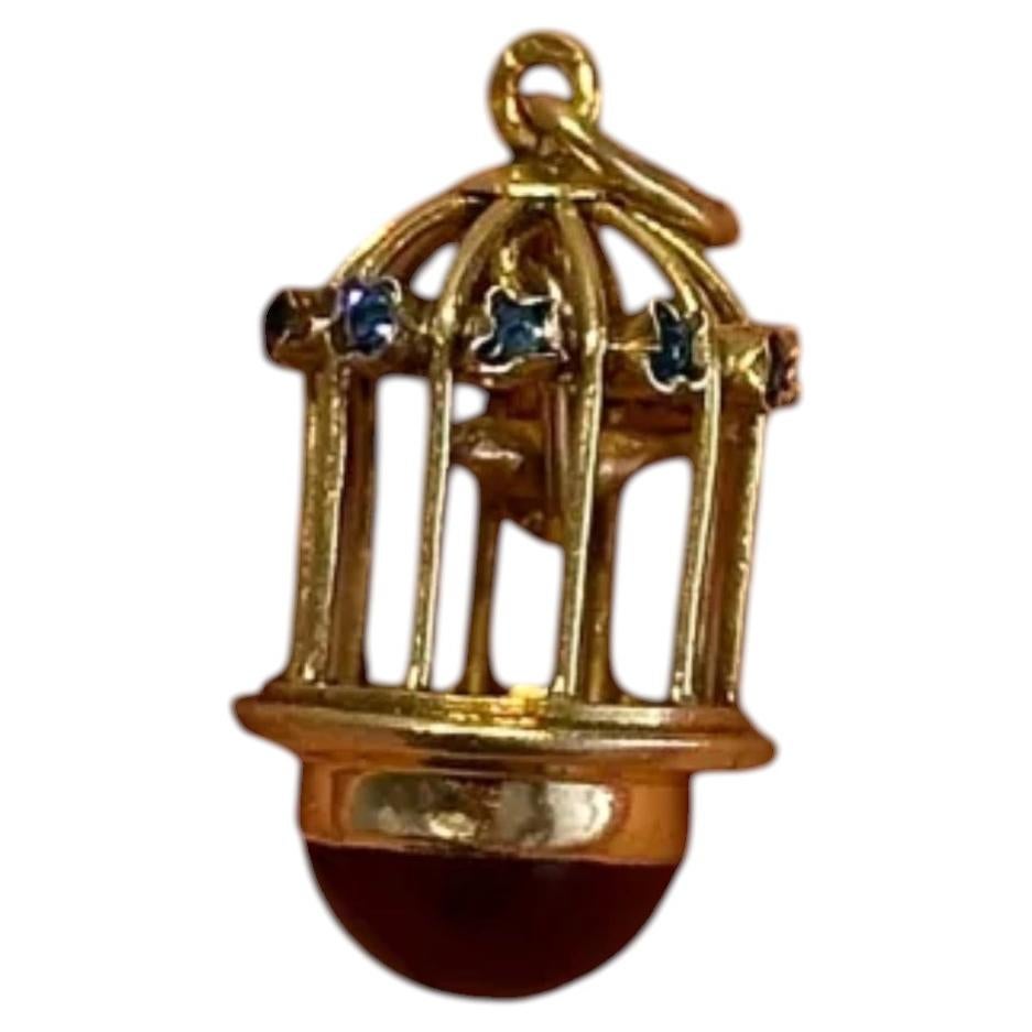 Vintage-Anhänger im Vogelkäfig-Design aus portugiesischem 19,2-karätigem Gold mit Rubin und Saphir