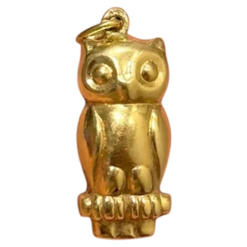 Vintage Portuguese 19.2K Yellow Gold Owl Pendant Charm, 1970s-1990s