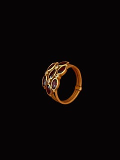 Vintage Portuguese 19.2 Karat Gold Ring with Garnets and Zirconias Triple Band