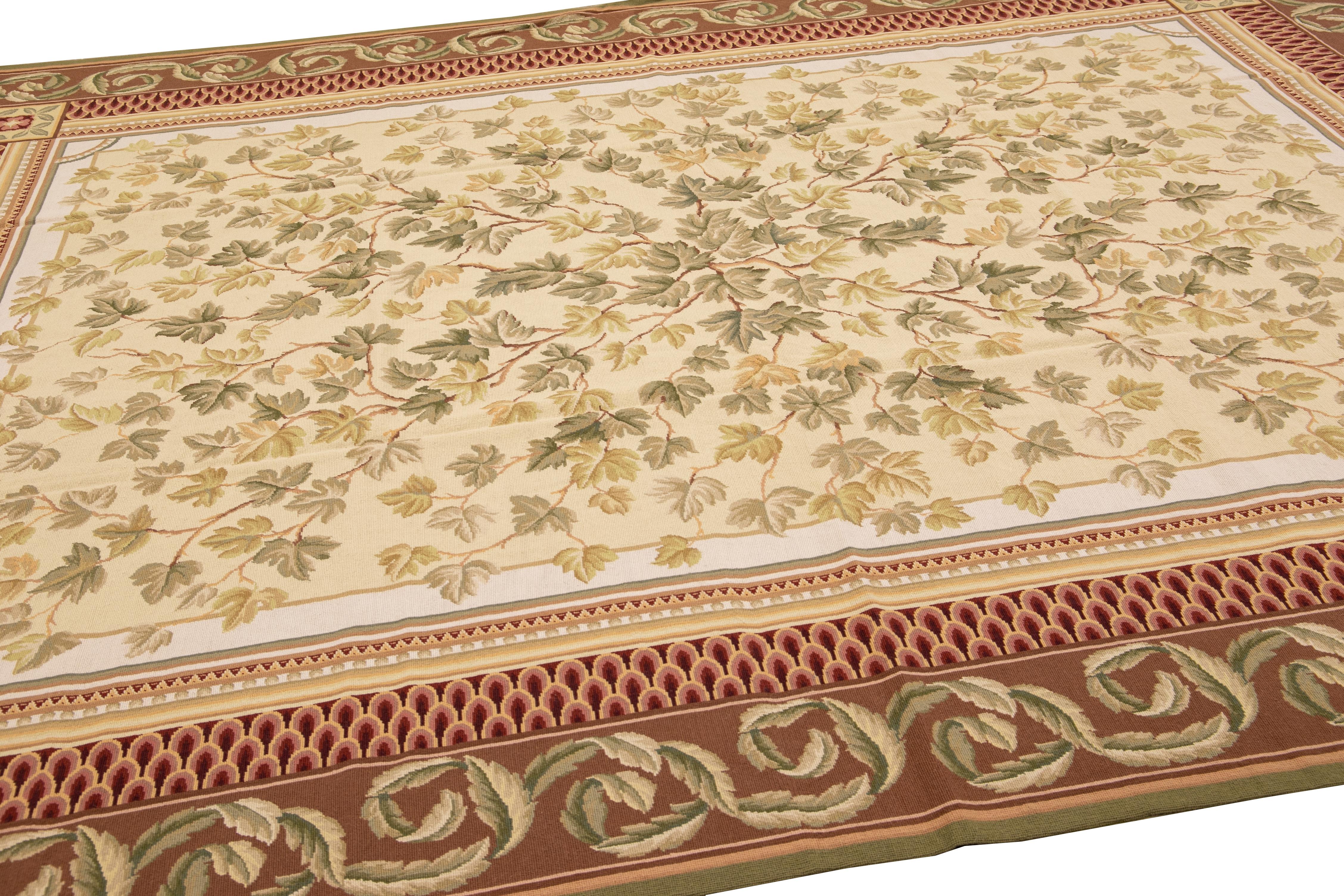 Contemporary Vintage Portuguese Arraiolos Needlepoint Allover Designed Beige Wool Rug For Sale