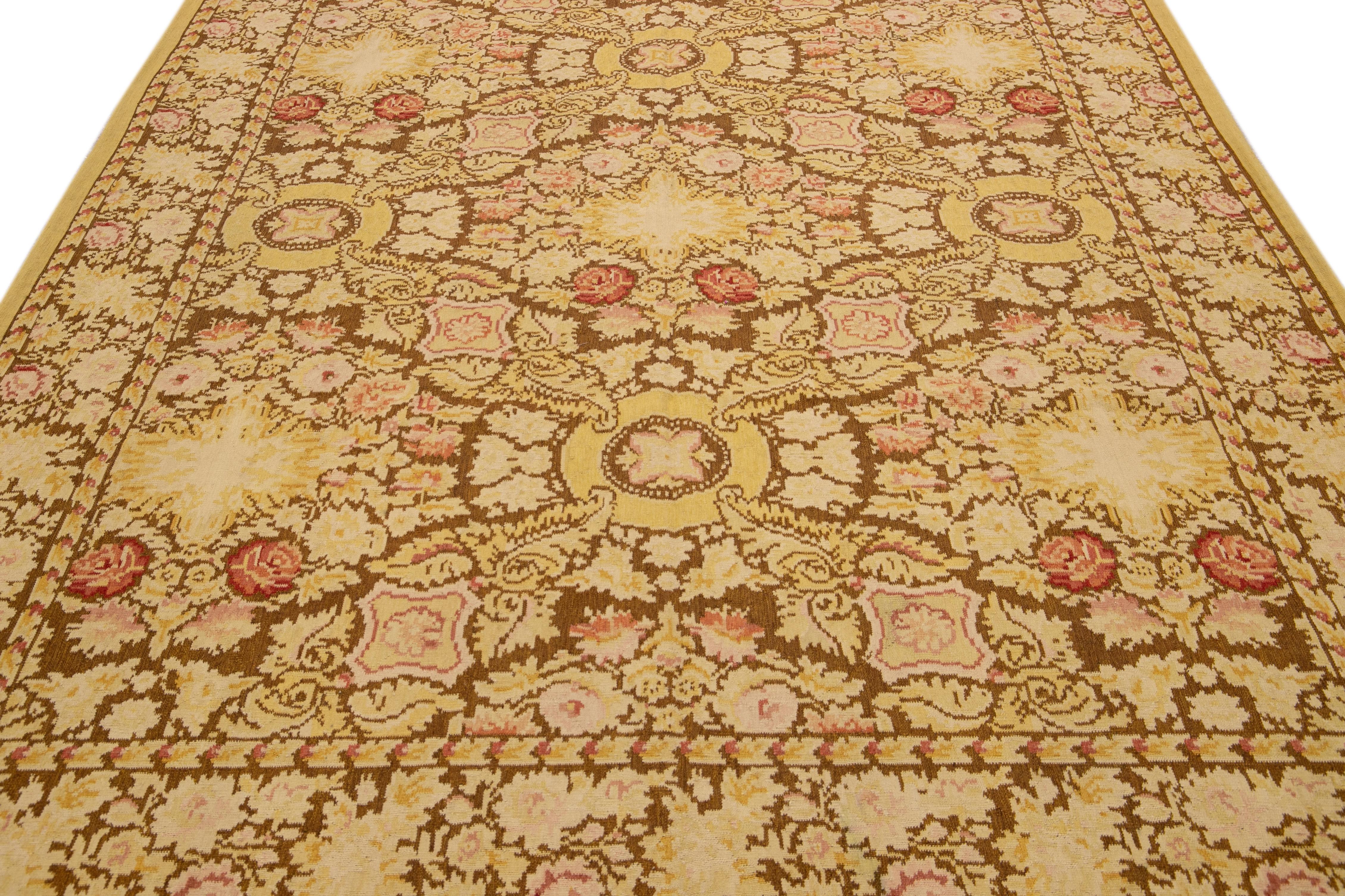 Aubusson Vintage Portuguese Arraiolos Needlepoint Allover Pattern Beige Wool Rug For Sale