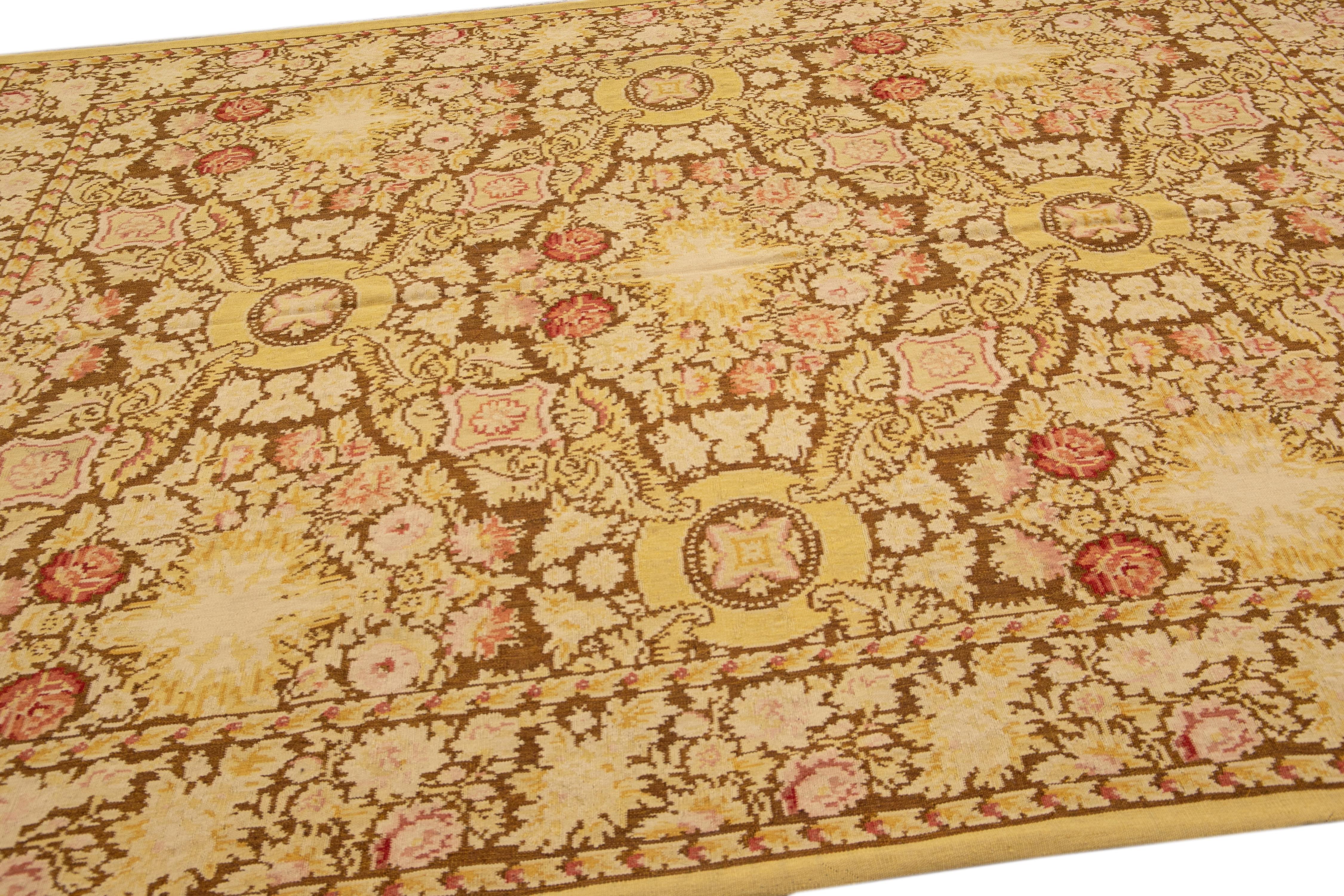 Contemporary Vintage Portuguese Arraiolos Needlepoint Allover Pattern Beige Wool Rug For Sale
