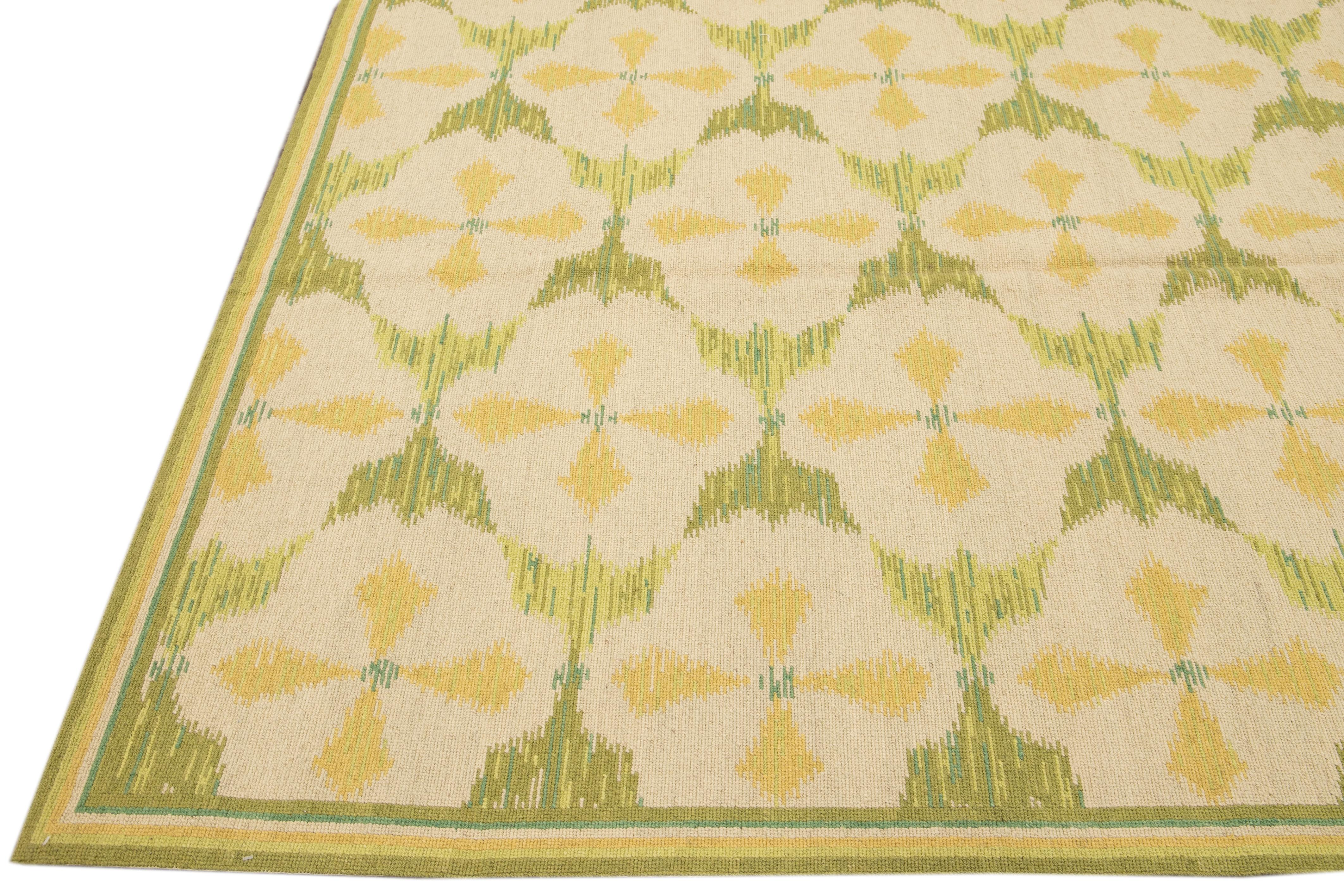 Aubusson Vintage Portuguese Arraiolos Needlepoint Allover Pattern Green Wool Rug For Sale