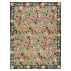 Vintage Portuguese Aubusson Needlepoint Beige and Green Wool Rug