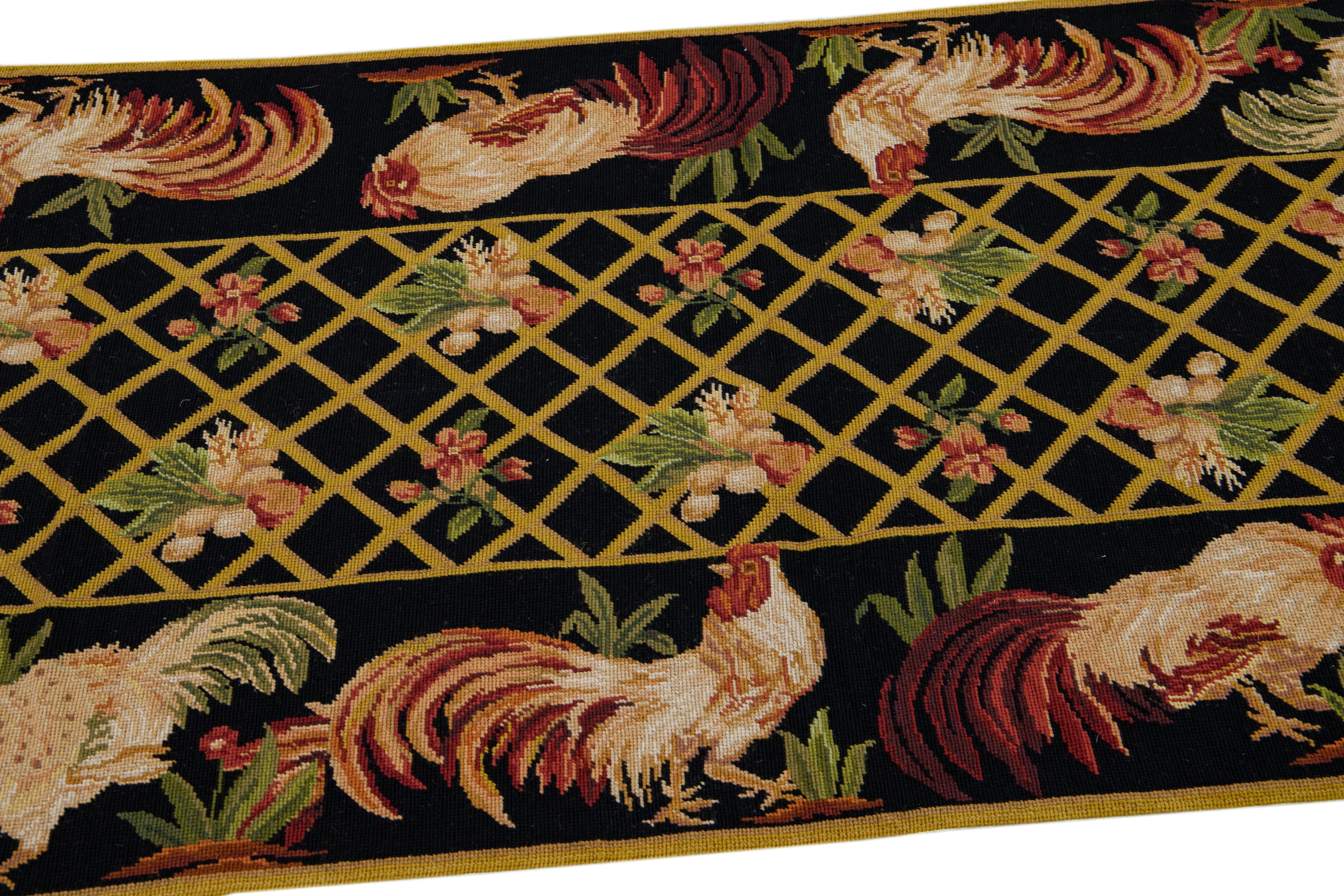 Vintage Portuguese Aubusson Needlepoint Black Wool Runner For Sale 4