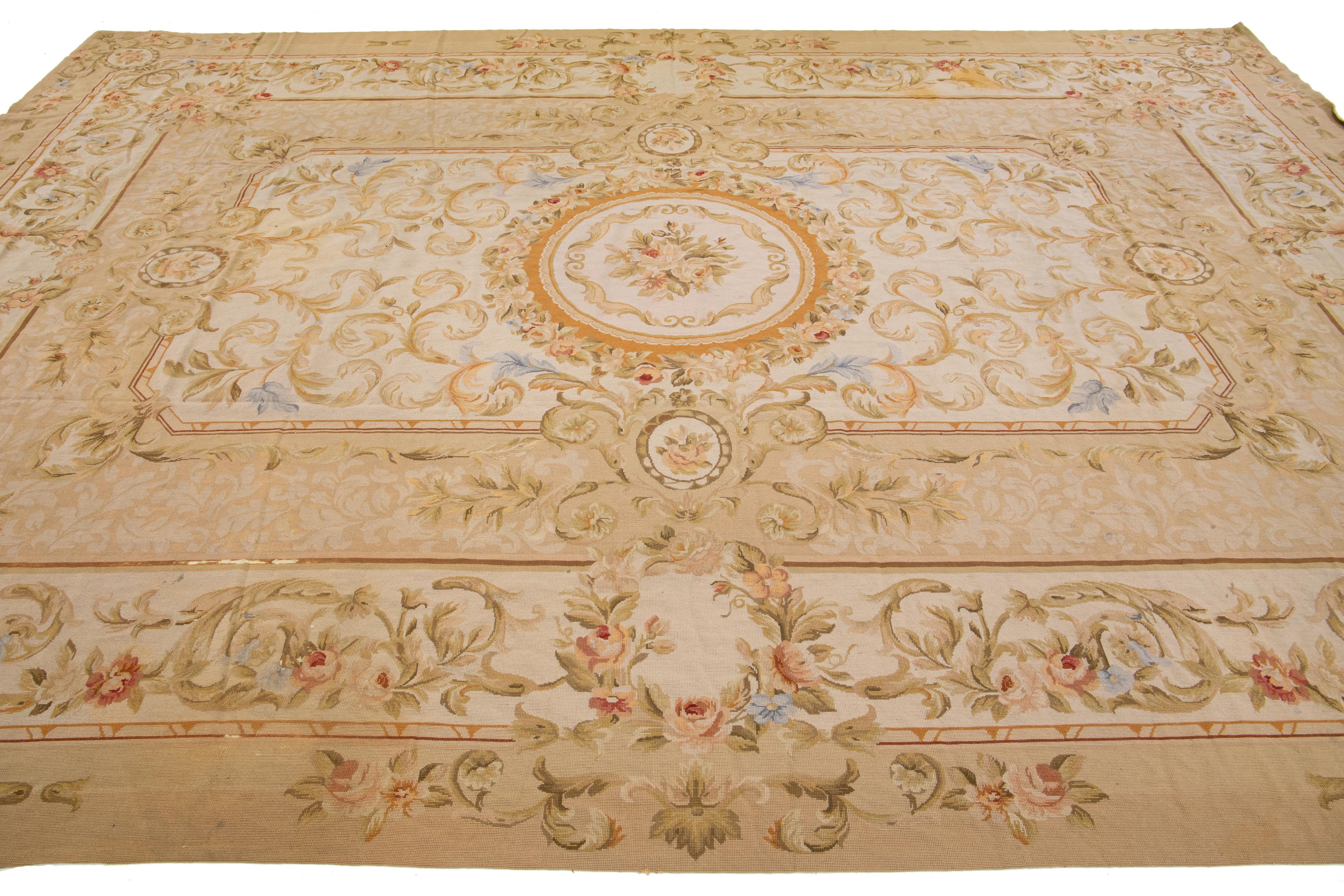Contemporary Vintage Portuguese Aubusson Needlepoint Wool Rug In Beige With Rosette Motif For Sale