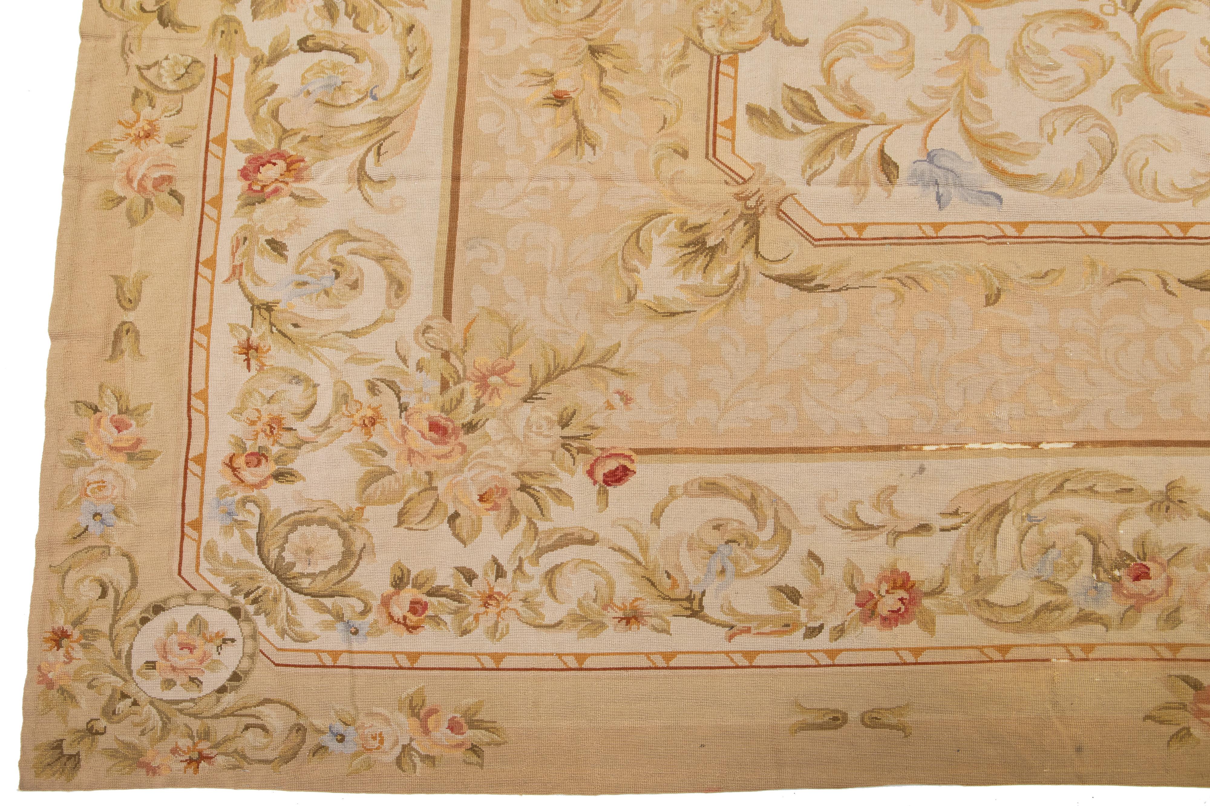 Vintage Portuguese Aubusson Needlepoint Wool Rug In Beige With Rosette Motif For Sale 1