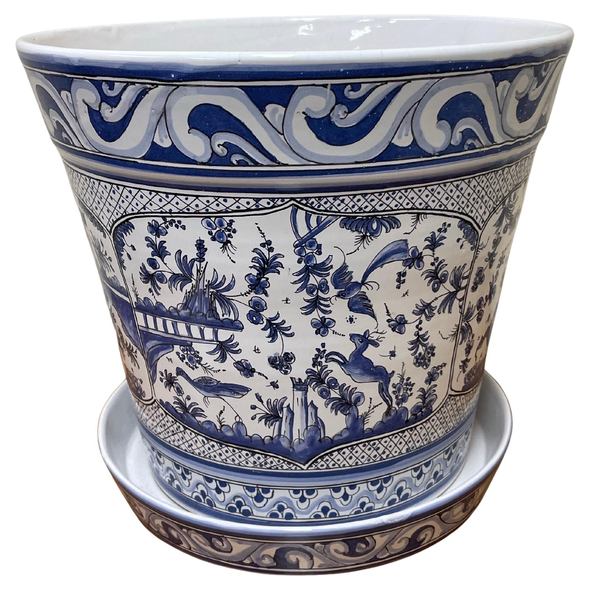 Vintage Portugiesisch Blau und Weiß Jardiniere mit Tablett