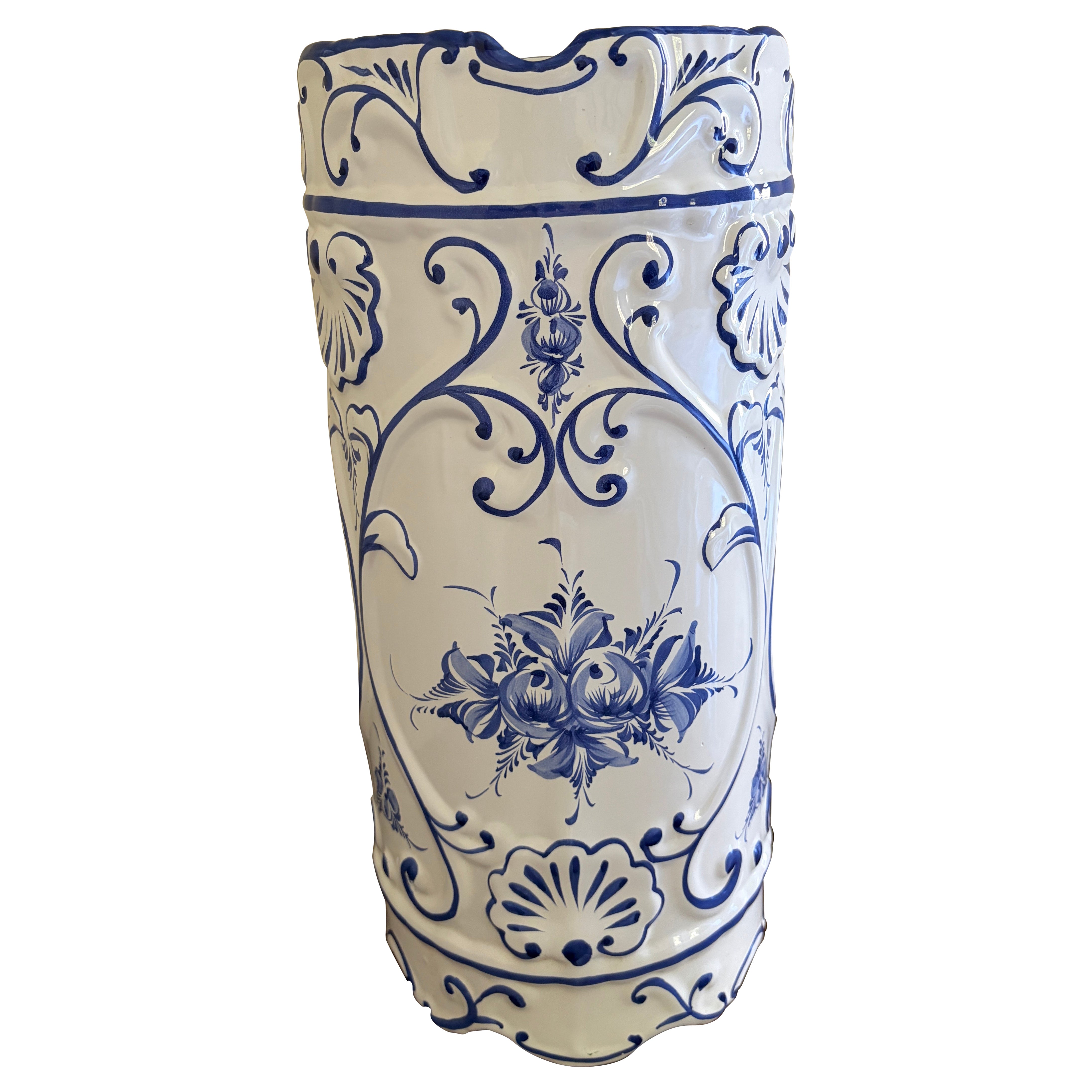 Vintage Portuguese Blue and White Porcelain Umbrella Stand