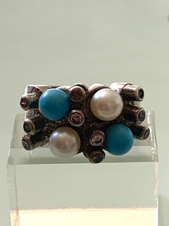 Vintage Portuguese Brutalist Sterling Silver Turquoise and Pearl Ring