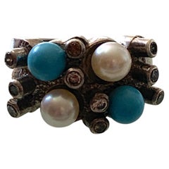 Vintage Portuguese Brutalist Sterling Silver Turquoise and Pearl Ring