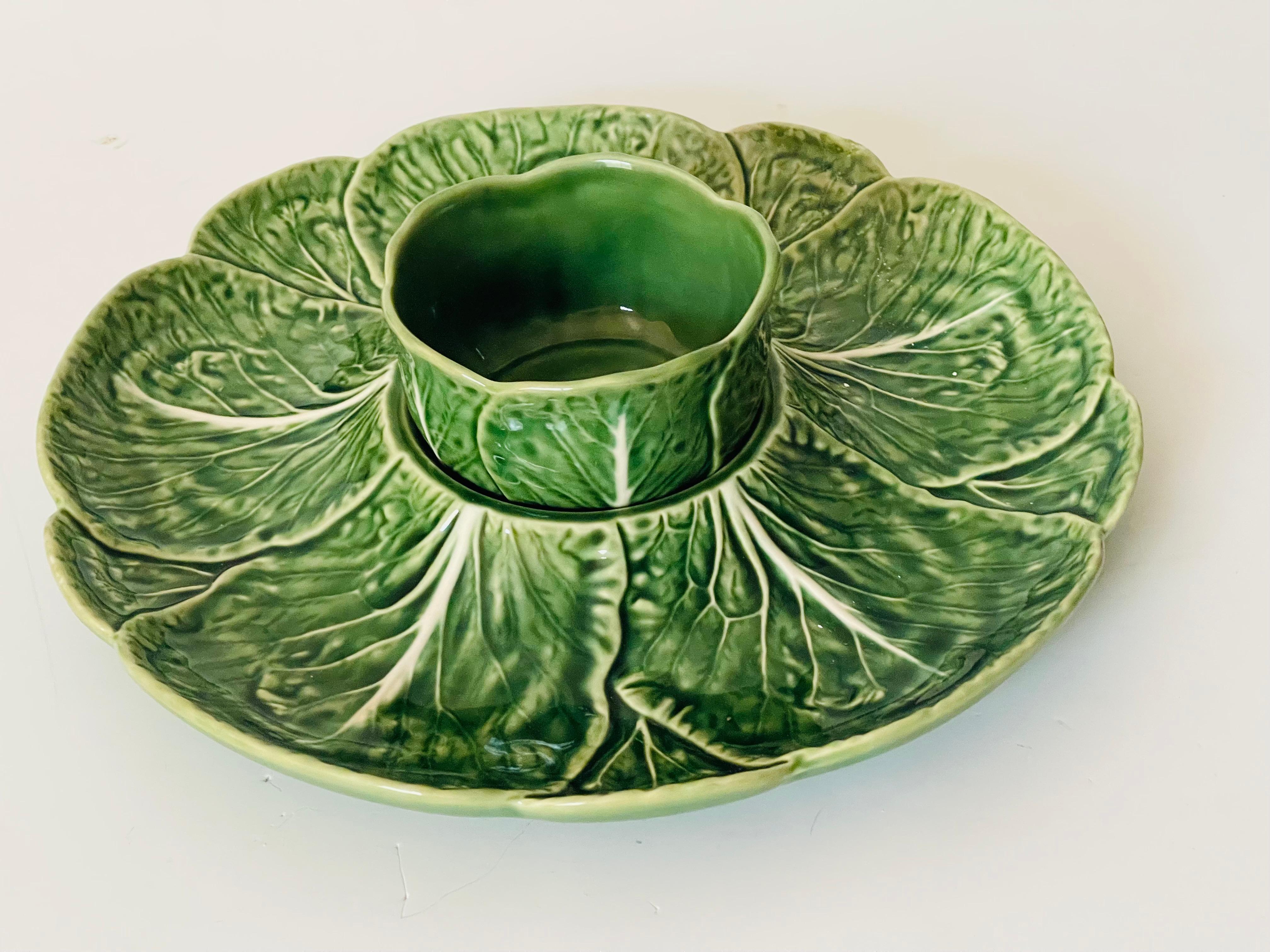 Vintage Portuguese Bordallo Pinheiro cabbage majolica platter with sauce bowl. Stamped on bottom Bordallo Pinheiro.