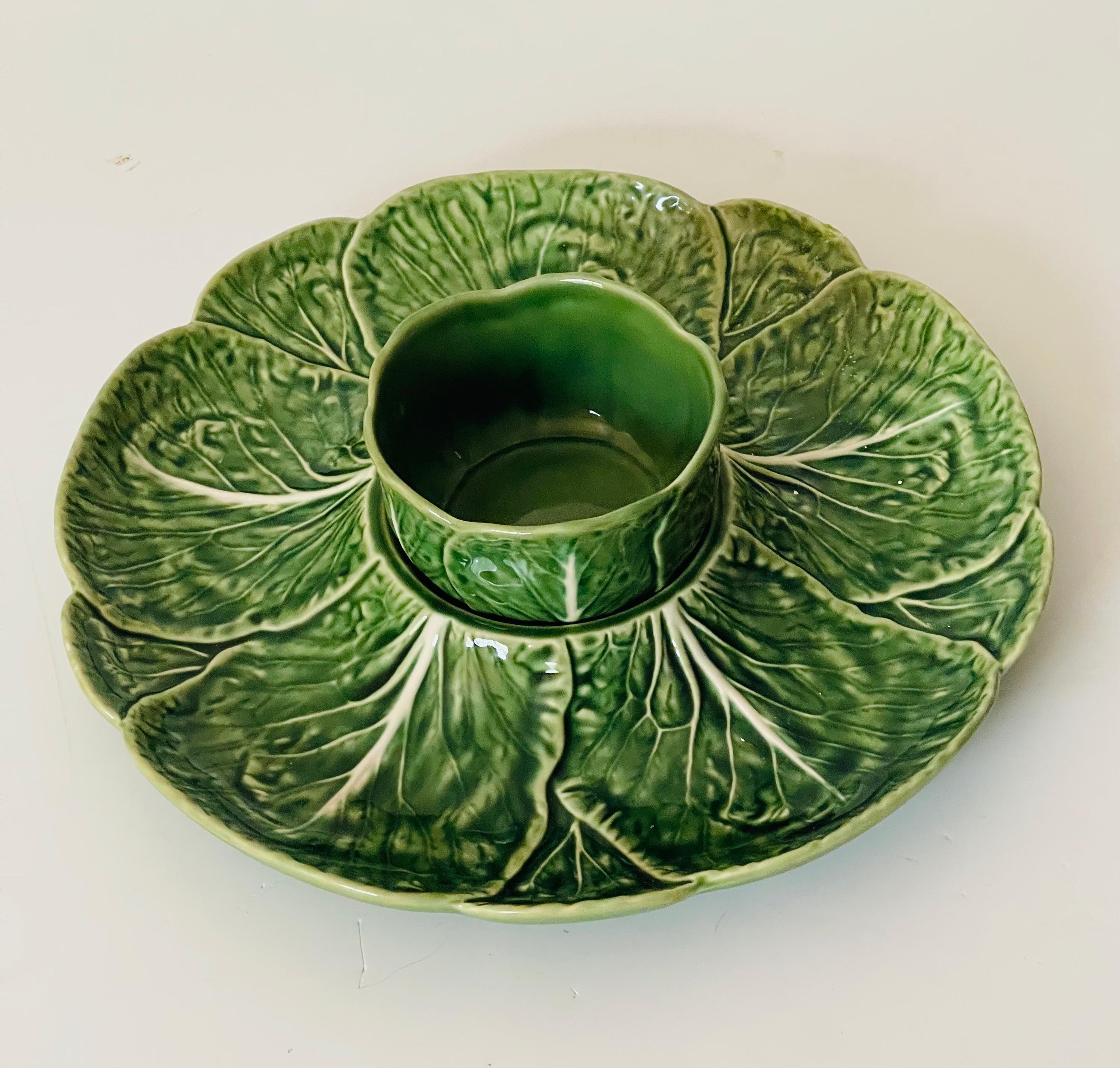 Organic Modern Vintage Portuguese Cabbage Majolica Platter Dauce Bowl by Bordallo Pinheiro For Sale