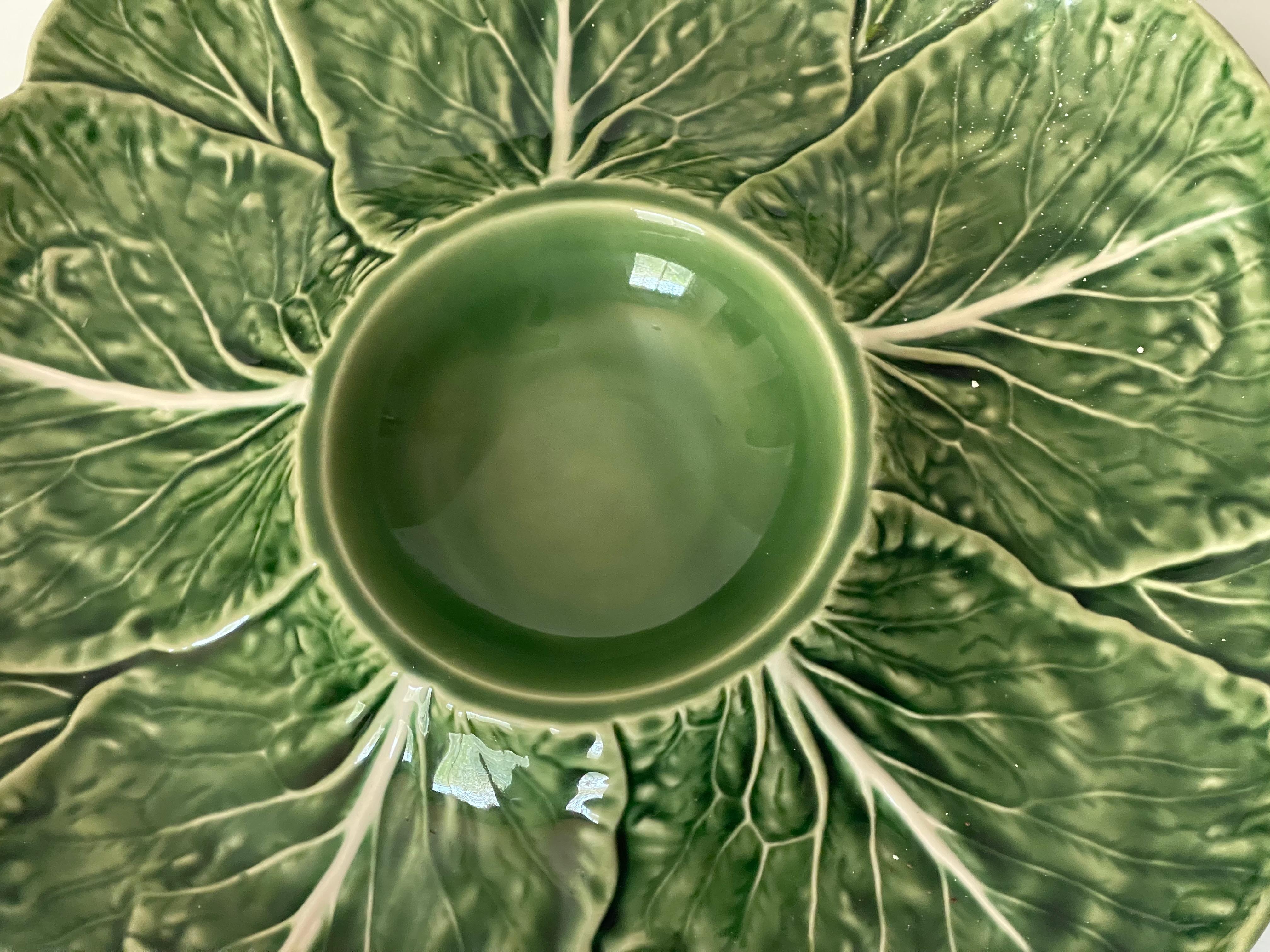 Vintage Portuguese Cabbage Majolica Platter Dauce Bowl by Bordallo Pinheiro For Sale 1
