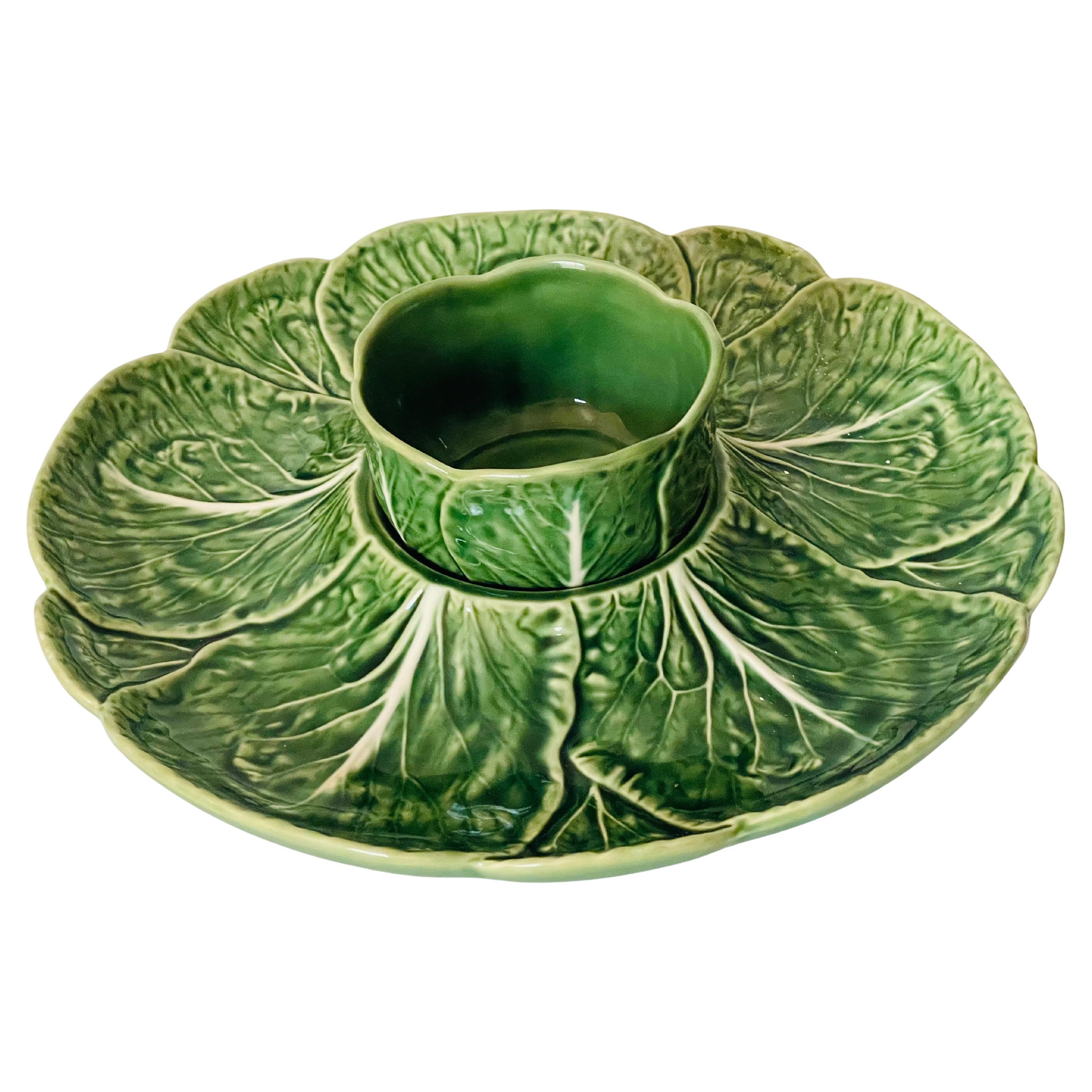 Vintage Portuguese Cabbage Majolica Platter Dauce Bowl by Bordallo Pinheiro