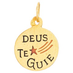 Vintage Portuguese Enamel Charm Deus te Guie 19k Yellow Gold May God Guide You