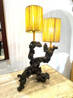 Vintage Portuguese Grape Vine Wood Double Shade Table Lamp, 1960's