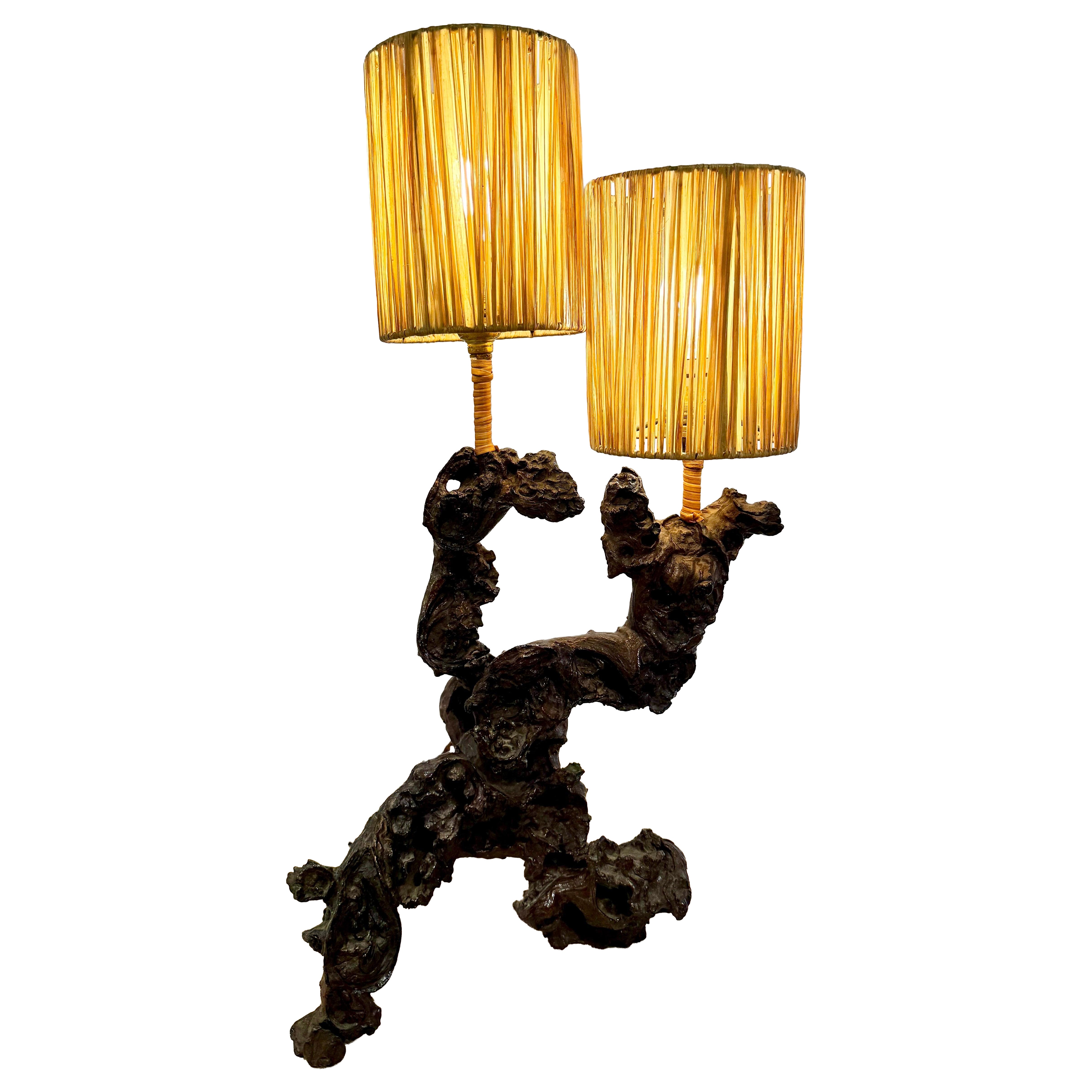 Vintage Portuguese Grape Vine Wood Double Shade Table Lamp, 1960's For Sale