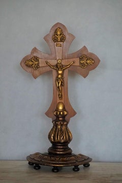 Vintage Portuguese Handcrafted Wooden Stand Cross with Gilt Bronze Christ